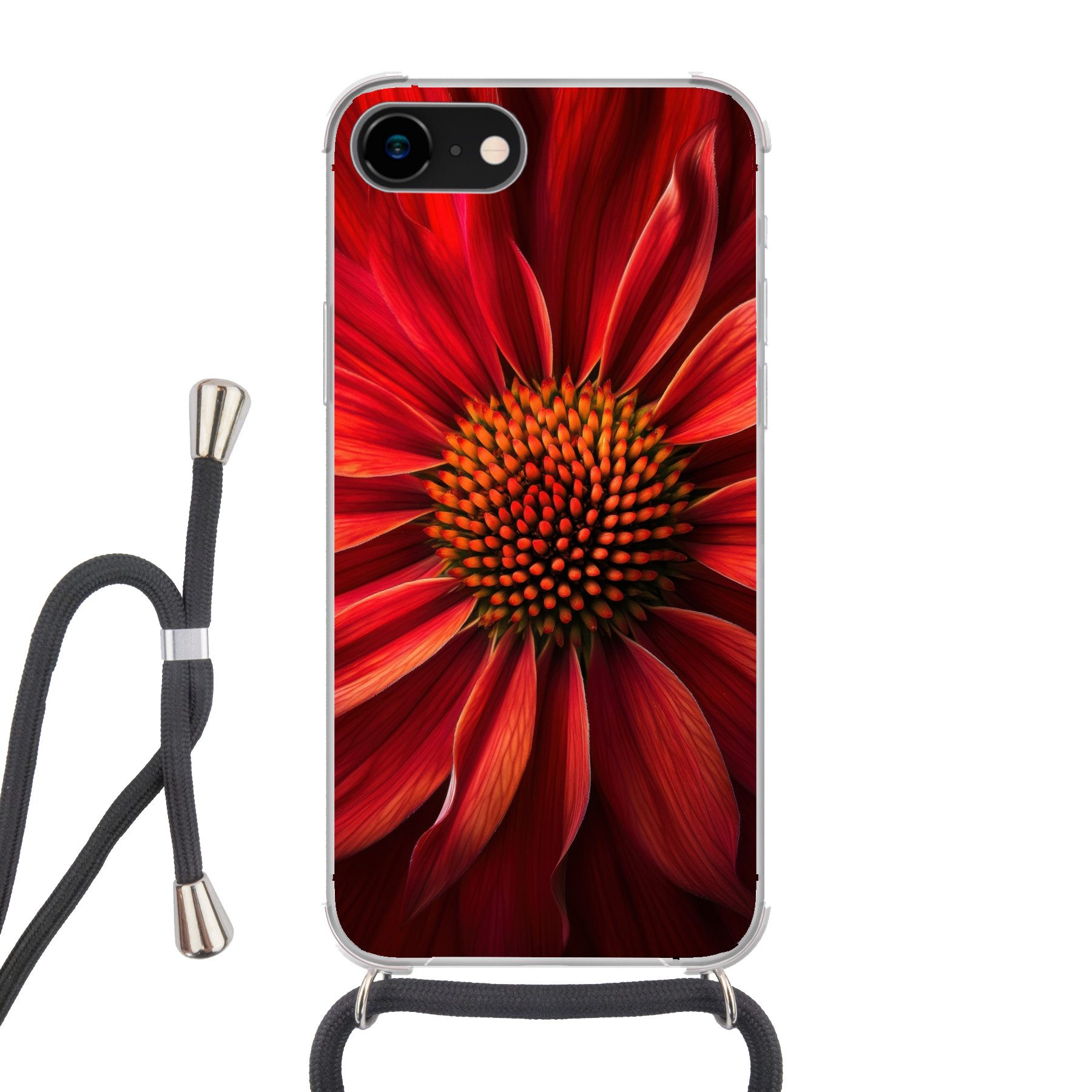 MuchoWow Handyhülle für Apple iPhone 8 Nahaufnahme - Blume - Rot, Tragbare Handyhüllen mit Kette zum umhängen, Handykette Handyband