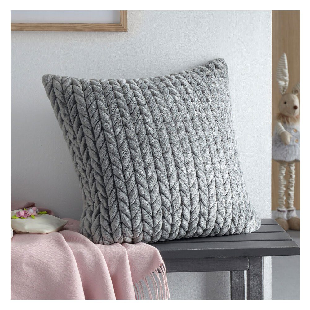 Kissenhülle Zopfmuster Grau Подушкиbezug Couchkissen Samtig 45x45cm Deko Weich, Home-trends24.de