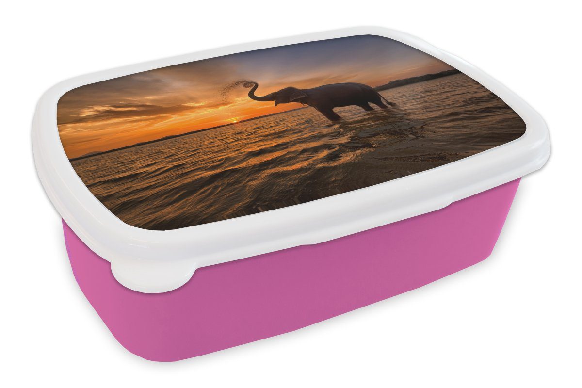 MuchoWow Lunchbox Elefant - Meer - Tiere - Sonnenuntergang - Orange, Kunststoff, (2-tlg), Brotbox für Erwachsene, Brotdose Kinder, Snackbox, Mädchen, Kunststoff rosa