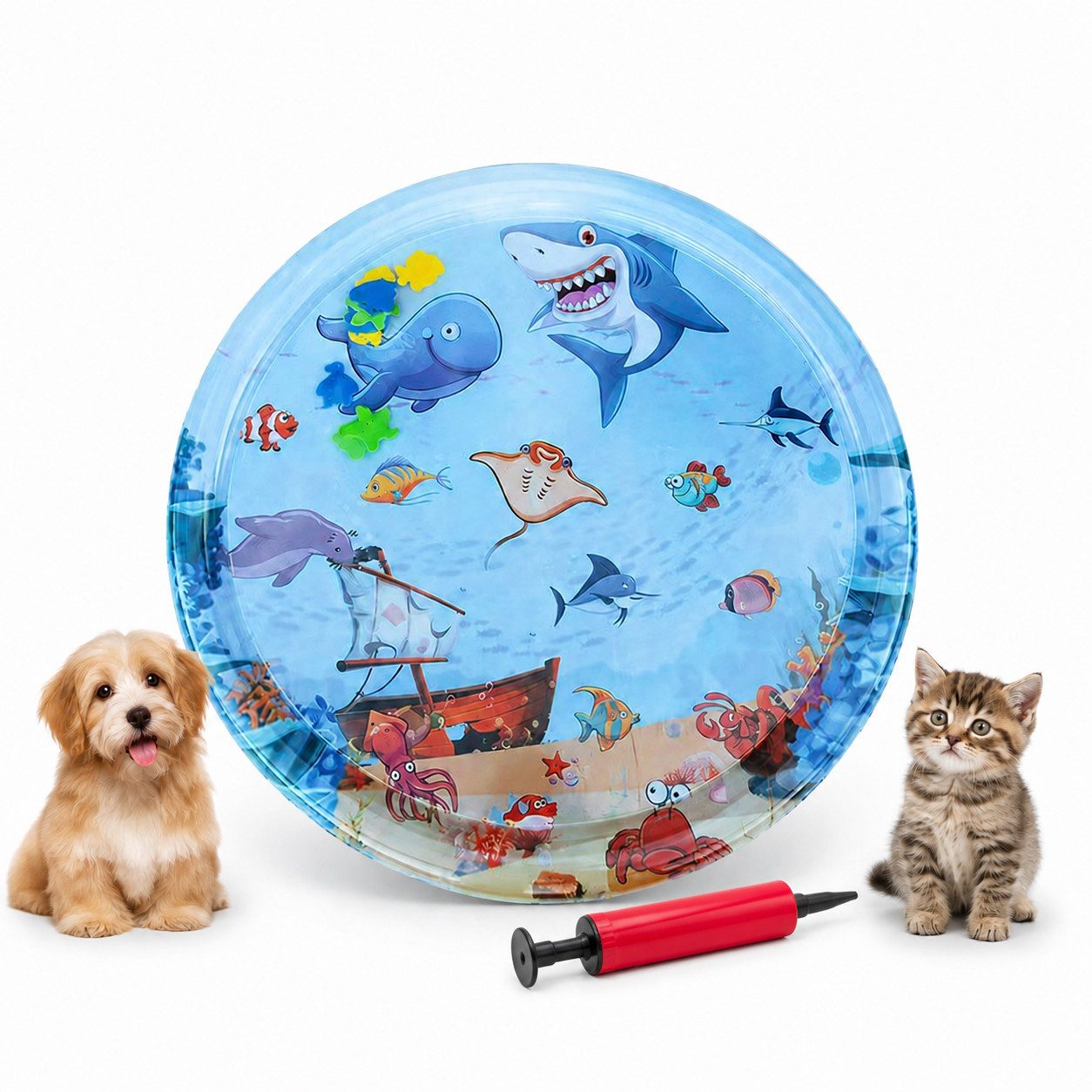 XEOOCE Tierkissen Aufblasbare Wassermatte Haustiere Kühlmatte Meerjungfrau 65x65 cm, 1 x aufblasbare Haustier-Kühlmatte,1 x Pumpe