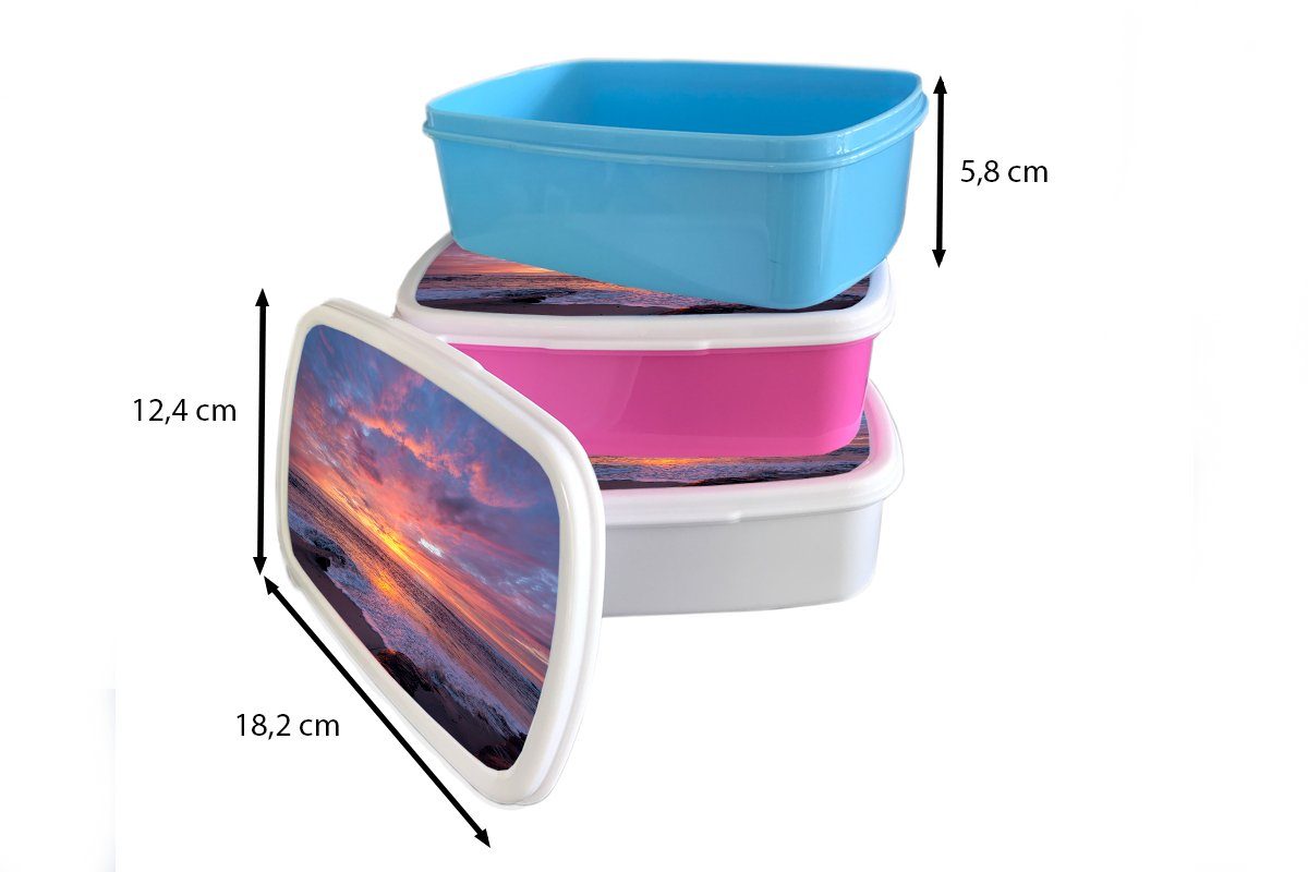 Mädchen Sonnenuntergang, - MuchoWow Lunchbox Erwachsene, Brotdose, und Jungs für - Kunststoff, und Strand für Kinder weiß Brotbox (2-tlg), Meer