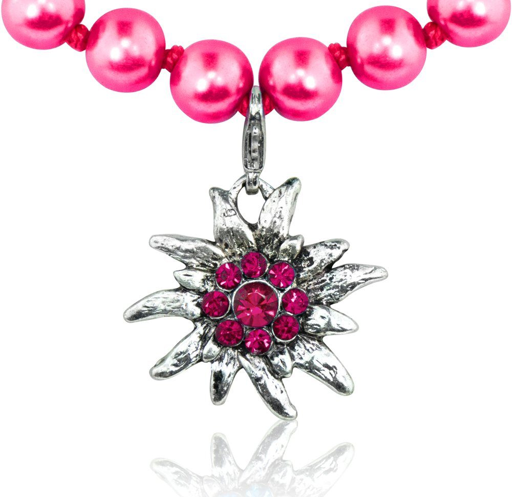 Trachtenland Kette mit Anhänger Farbige Perlenkette mit Edelweißanhänger - Pink