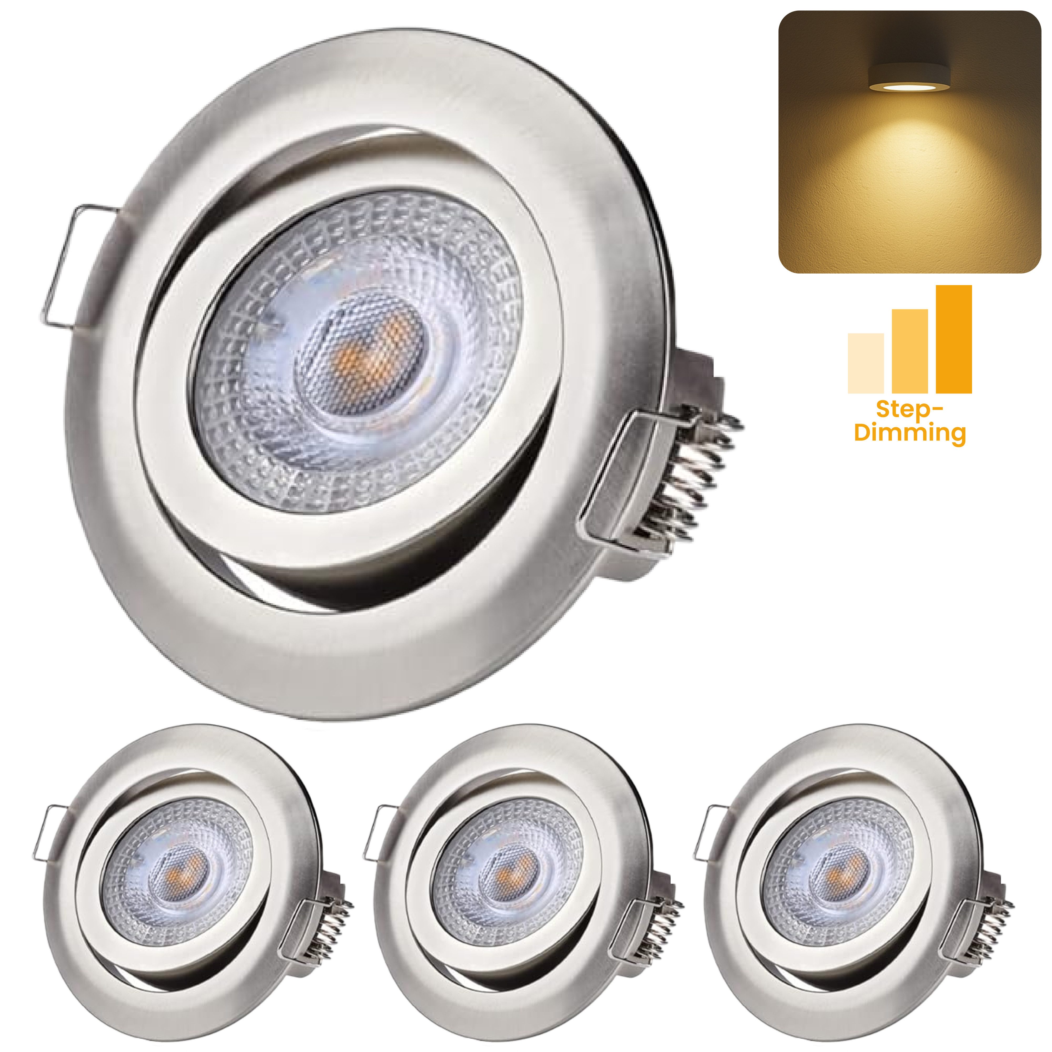 Sweet LED LED Einbaustrahler 3er Set 5W 3000K 3-Step Dimmbar Chrom Schwenkbar Deckenleuchten 230V, 3-Step-Dimmbar, 3000K, Warmweiß, Deckenspots, Ø 82 mm, Einbauleuchte