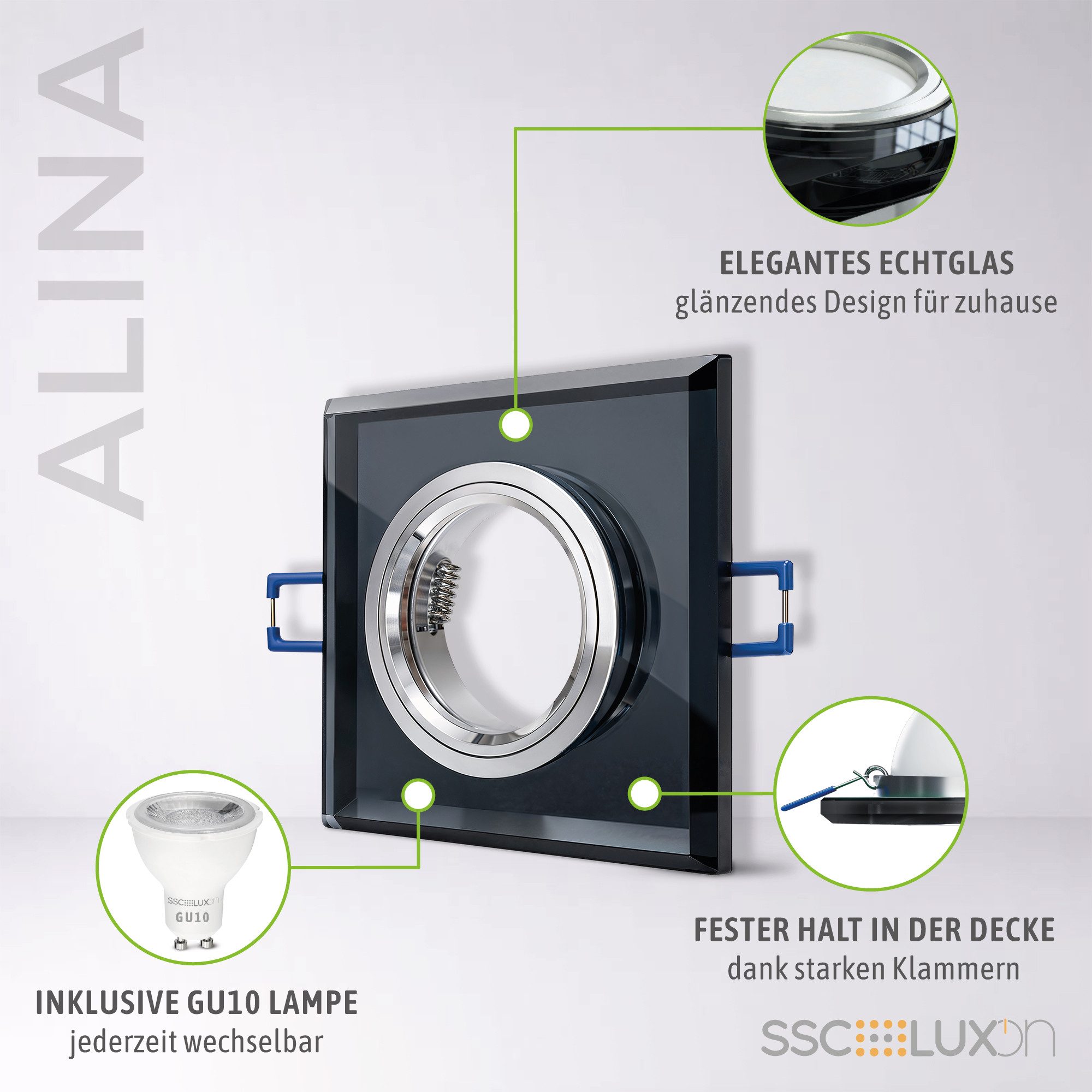 SSC-LUXon LED Einbaustrahler ALINA Einbauleuchte Glas schwarz 5W GU10 drei Lichtfarben Deckenspot, Warmweiß