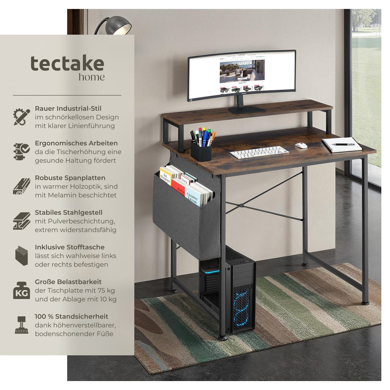 tectake Schreibtisch Everett (1-St., 1 tlg), Funktionaler Schreibtisch mit günstig online kaufen