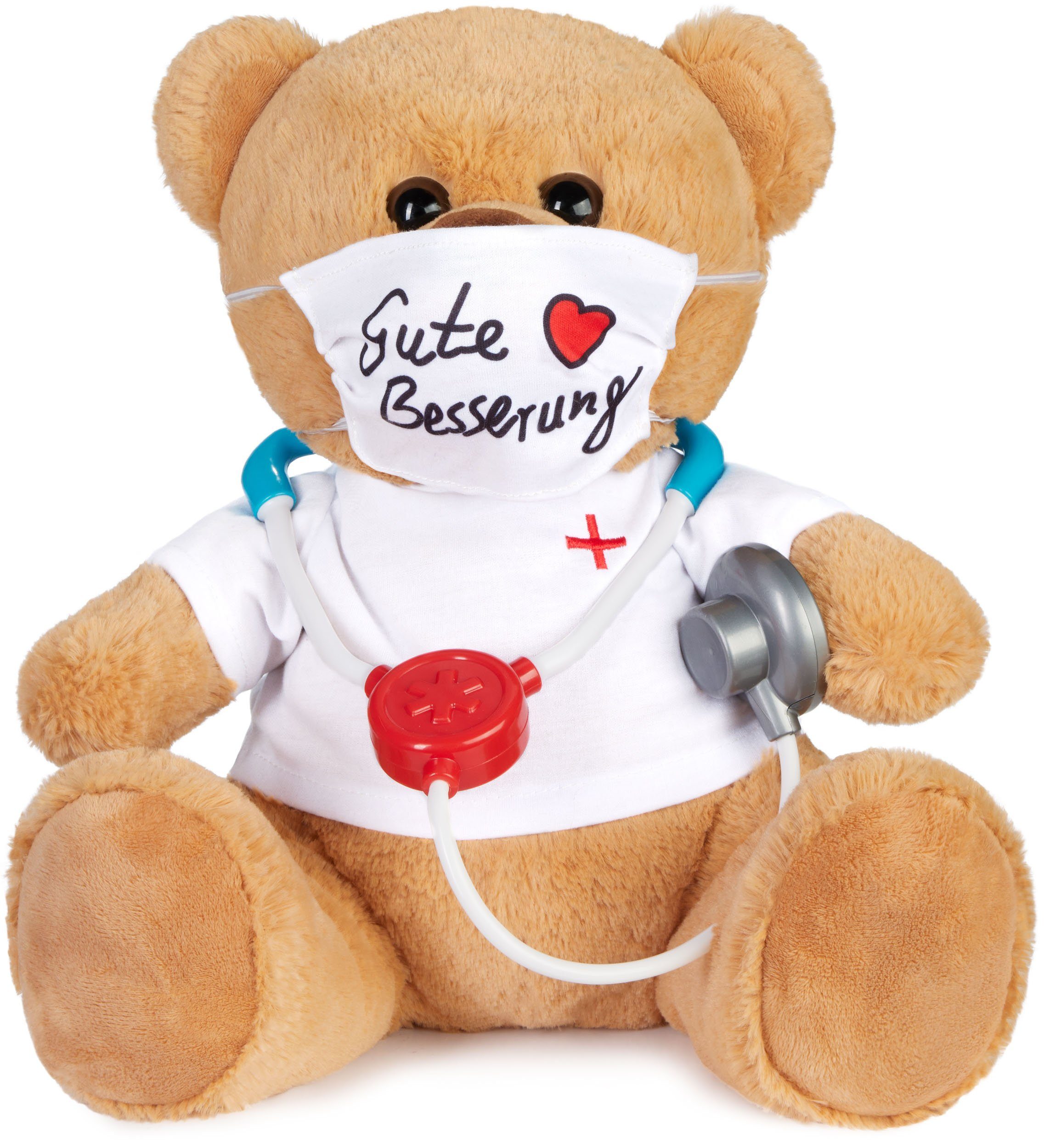 BRUBAKER Kuscheltier Teddy mit Mundschutz und Stethoskop - Gute Besserung - Teddybär 35 cm (Braun Hellbraun, 1-St., Geschenk-Set), Plüschbär mit Arzt Shirt - Plüschteddy Schmusetier