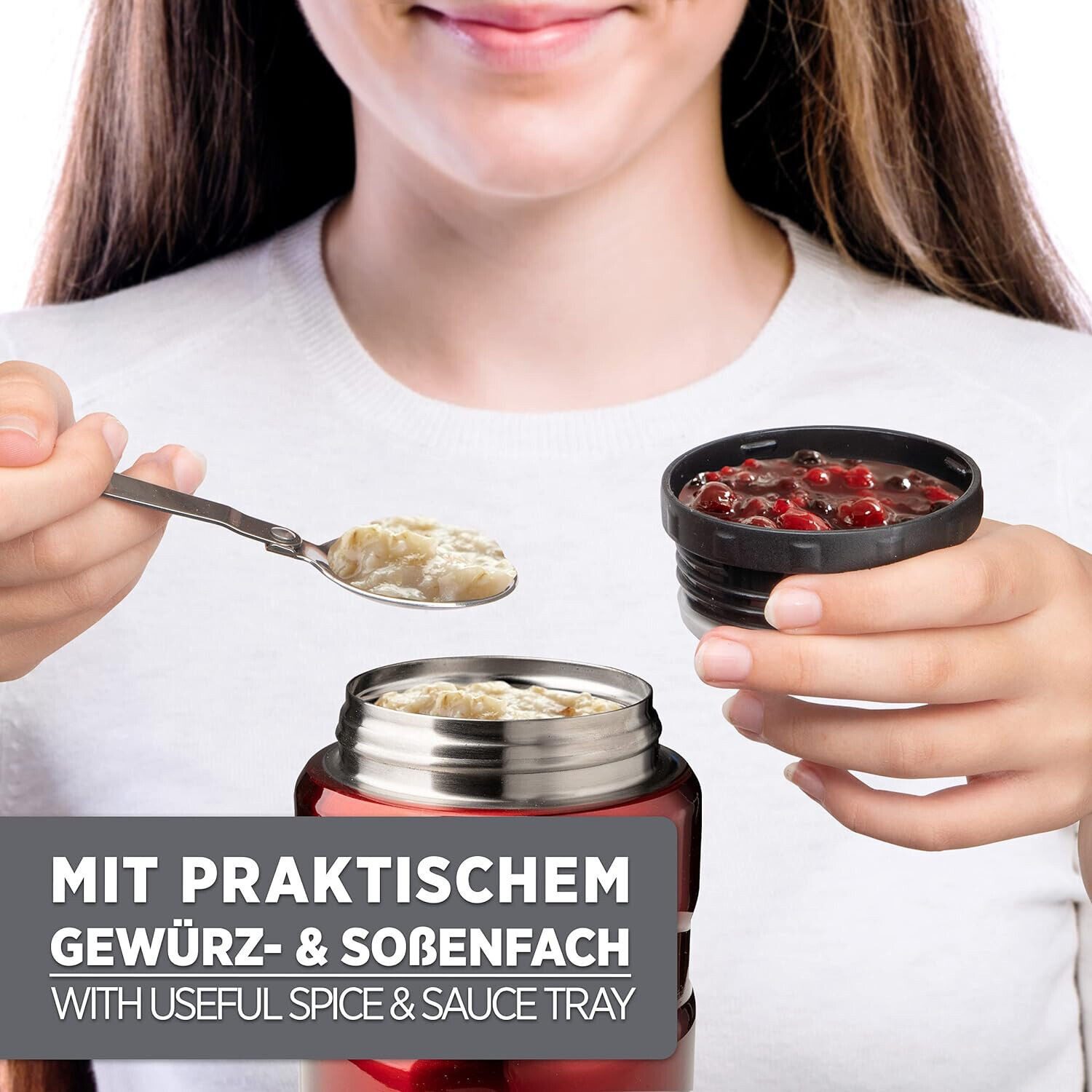 LACARI Thermobehälter Thermobehälter 700ml Thermobox Rot Lacari auslaufsicher Edelstahl, Edelstahl, (Packung), mit zusätzlicher Isoliertasche, klappbarer Löffel – Bild 5 von 5
