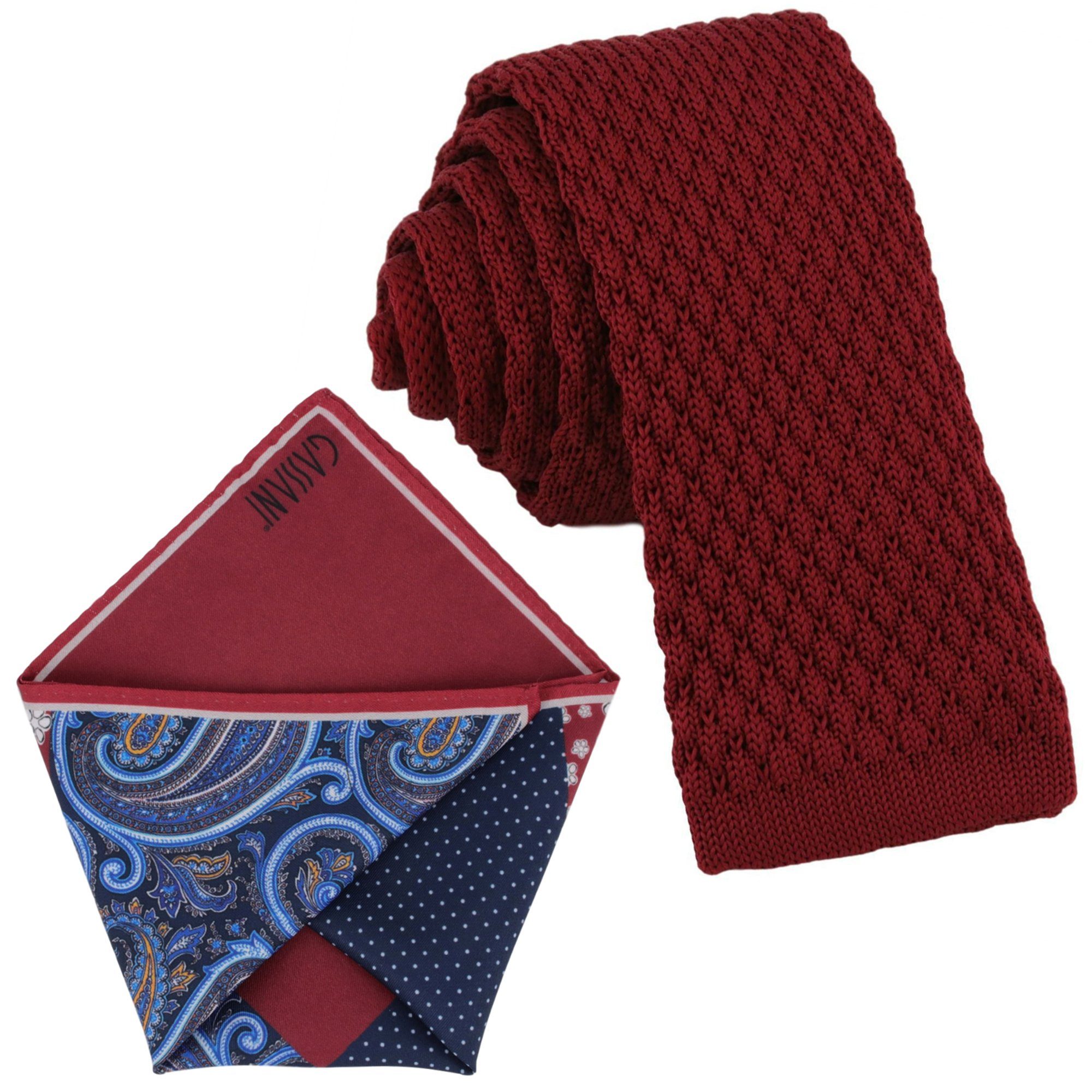 GASSANI Krawatte Herren-Krawatte Strick-Krawatte Uni, z. Anzug Schmal Slim, Rhomben (Set, 2-St., Skinny Tie, Wollkrawatte, Gestrickt, mit 4-Design, Einstecktuch, Paisley, Gemustert, Punkte, Gepunktet) Woll-Schlips Kavalierstuch Dots Pünktchen Rauten Blumen, Seide Touch Bordeaux-Rot Weinrot Dunkel-Rot Tiefrot Stahlblau Dunkel-Blau Royal-Blau Petrol Weiß