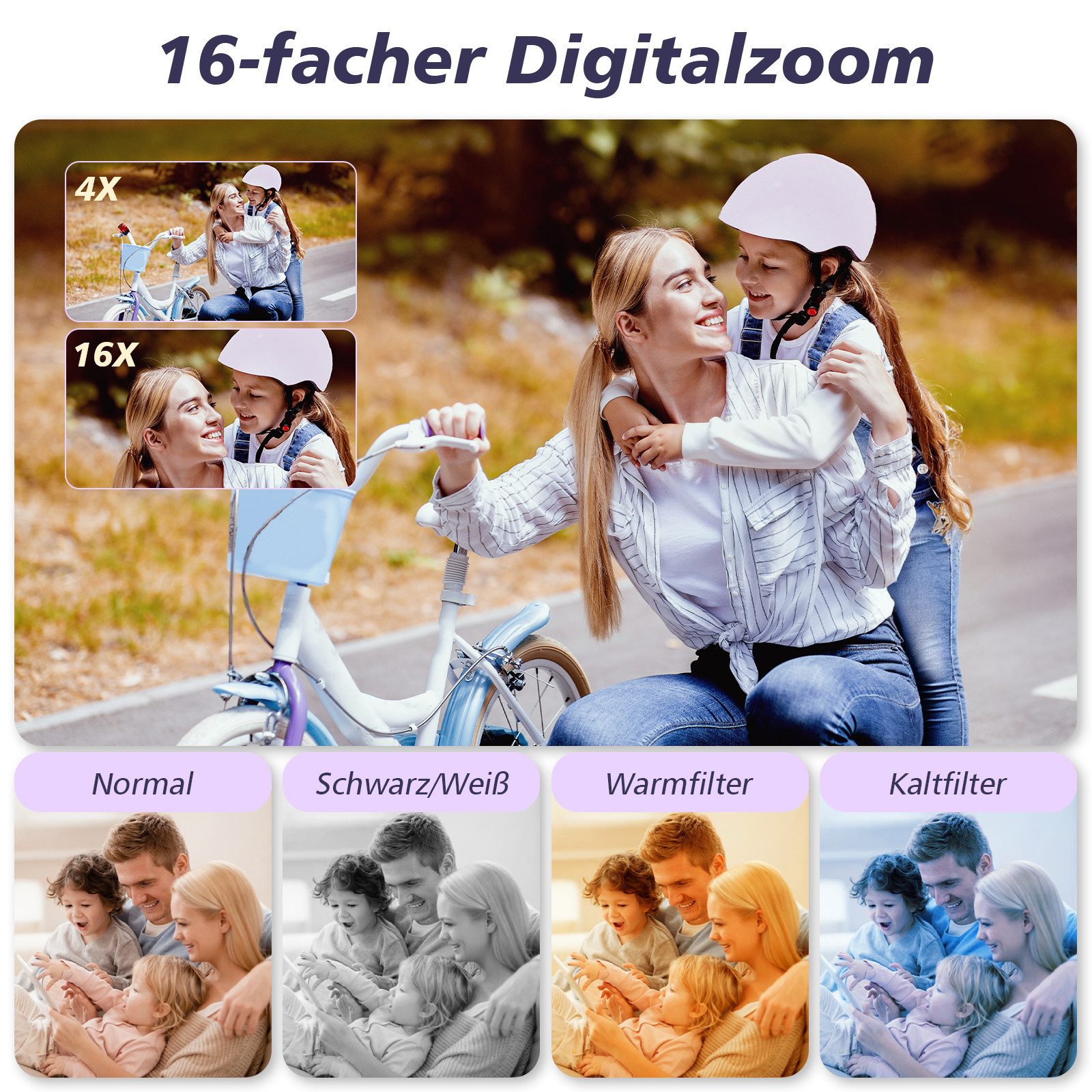 AKKEE Digitalkamera 1080P 44MP Kompaktkamera mit 32G Karte 16X Digitalzoom Kompaktkamera (44 MP, Anti-Shake, Serienaufnahmen, Timer-Aufnahme, Gesichtserkennung)