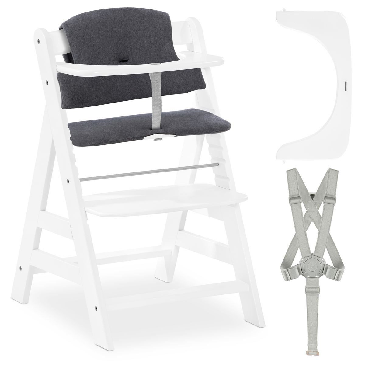 Hauck Hochstuhl Alpha Plus - White, Mitwachsender Holz Kinderhochstuhl mit Gurt, Schutzbügel & Sitzauflage