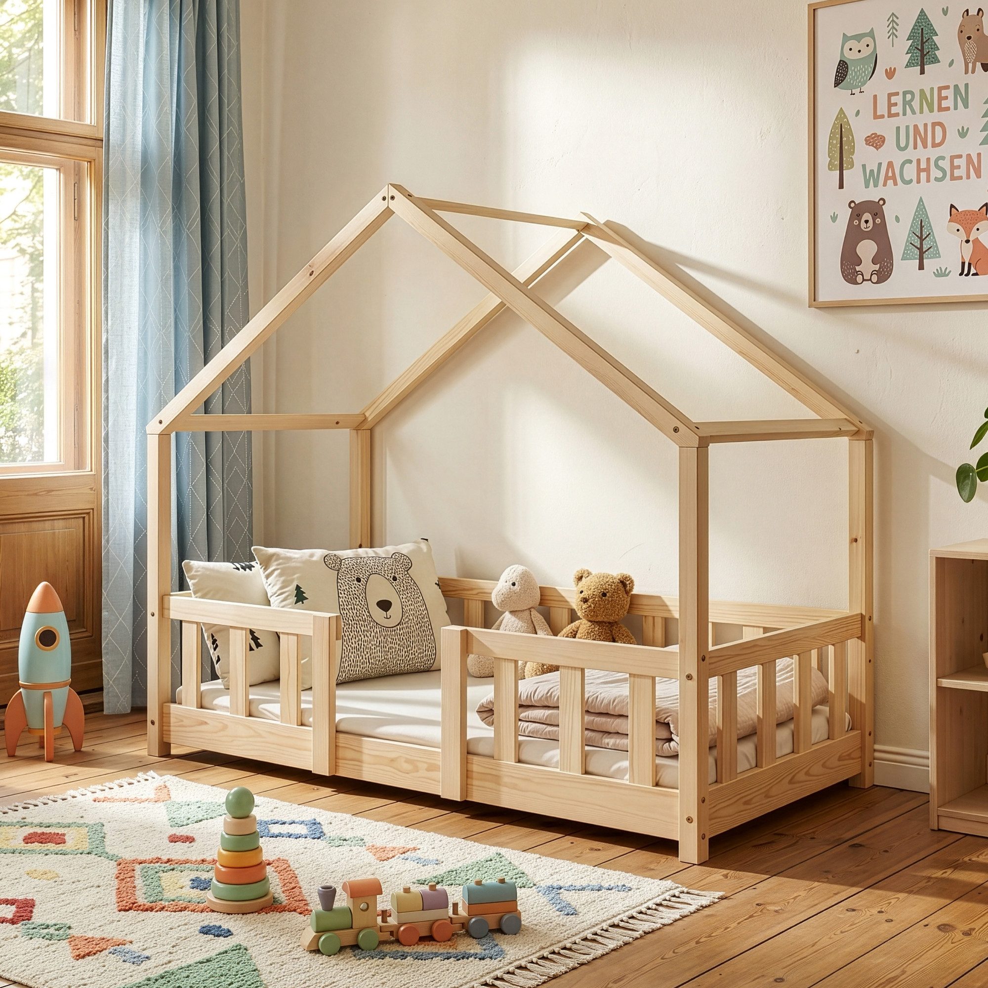 en.casa Kinderbett, »Treviolo« Haus-Optik Montessori 70x140 cm Holzfarben