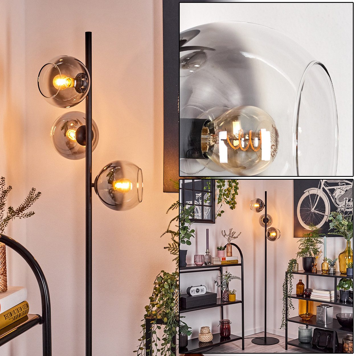 Stehlampe Stehlampe aus Metall/Glas in Schwarz/Rauch/Klar mit Fußschalter