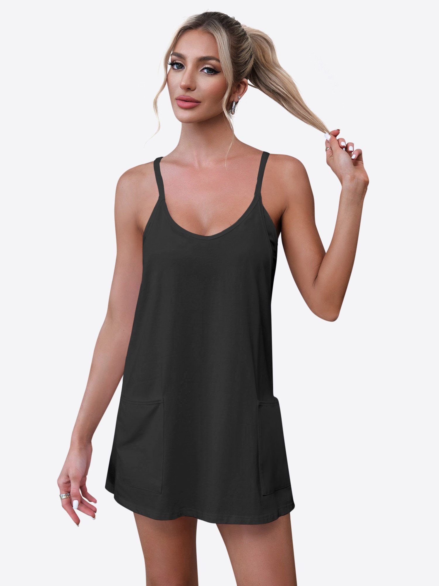 Imily Bela Trägerkleid Damen mit Rundhals Casual Freizeitkleid (Packung, 1-tlg., 1per-Pack) mit Eingrifftaschen in Unifarbe