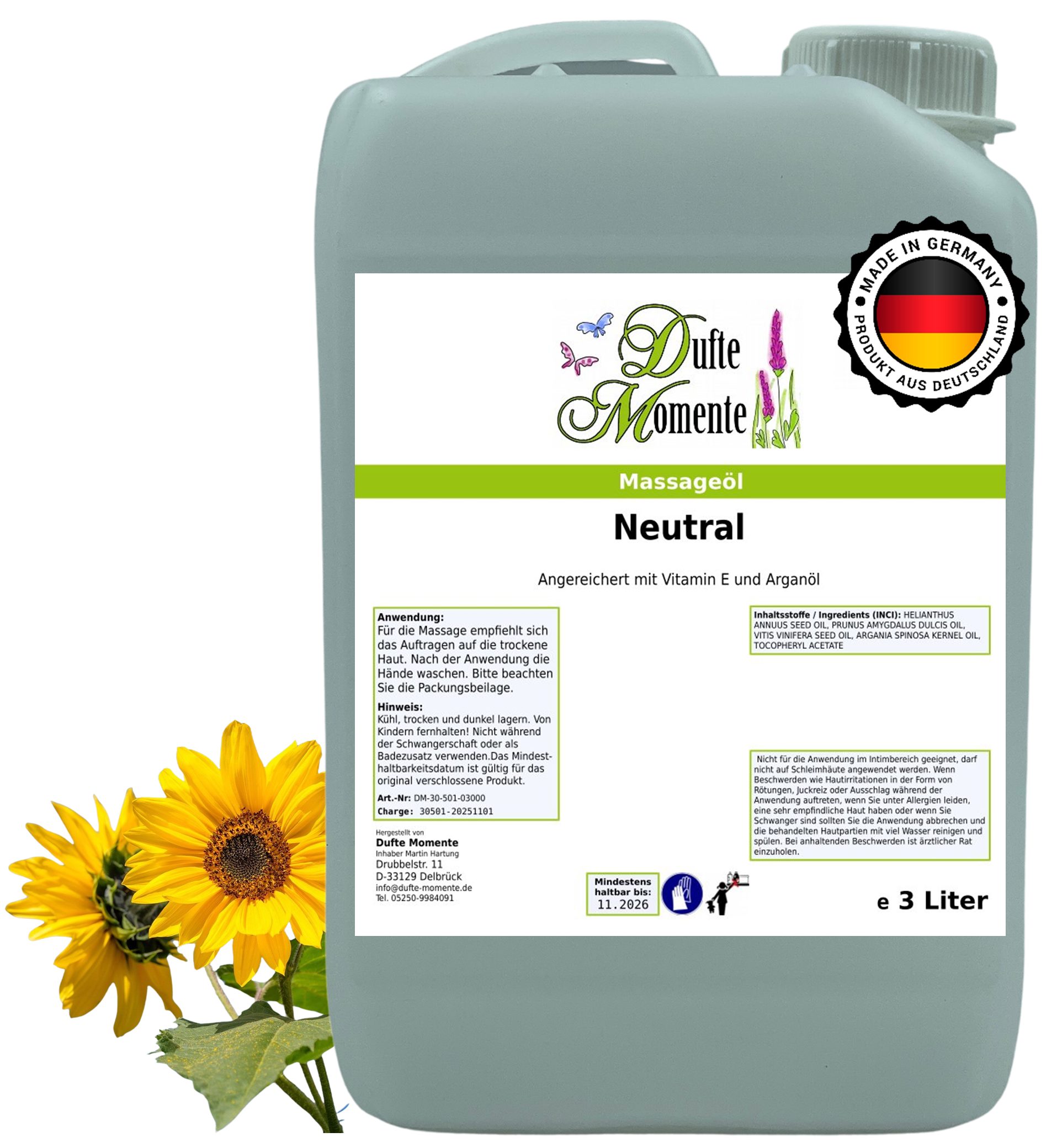 Dufte Momente Massageöl Neutral 250ml - 3 L, hochwertige Pflanzenöle als Basis, vegan und ohne Tierversuche