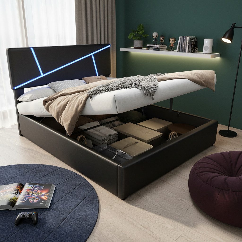 Flieks Polsterbett, LED Beleuchtung hydraulisches Stauraumbett 90x200cm Kunstleder
