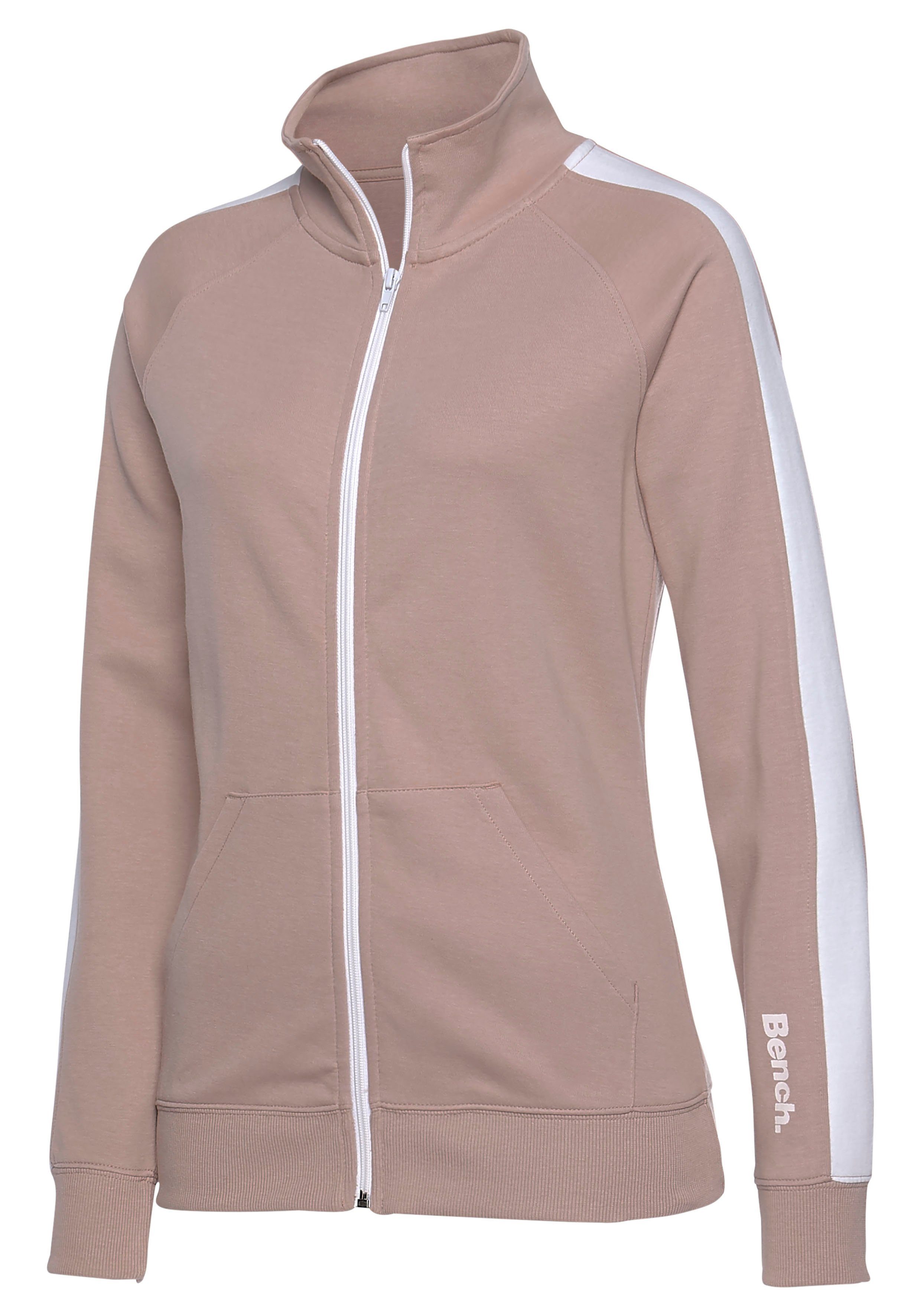 Bench. Loungewear Sweatjacke -Loungejacke mit Seitenstreifen und Stehkragen, Loungewear, Loungeanzug beige-weiß