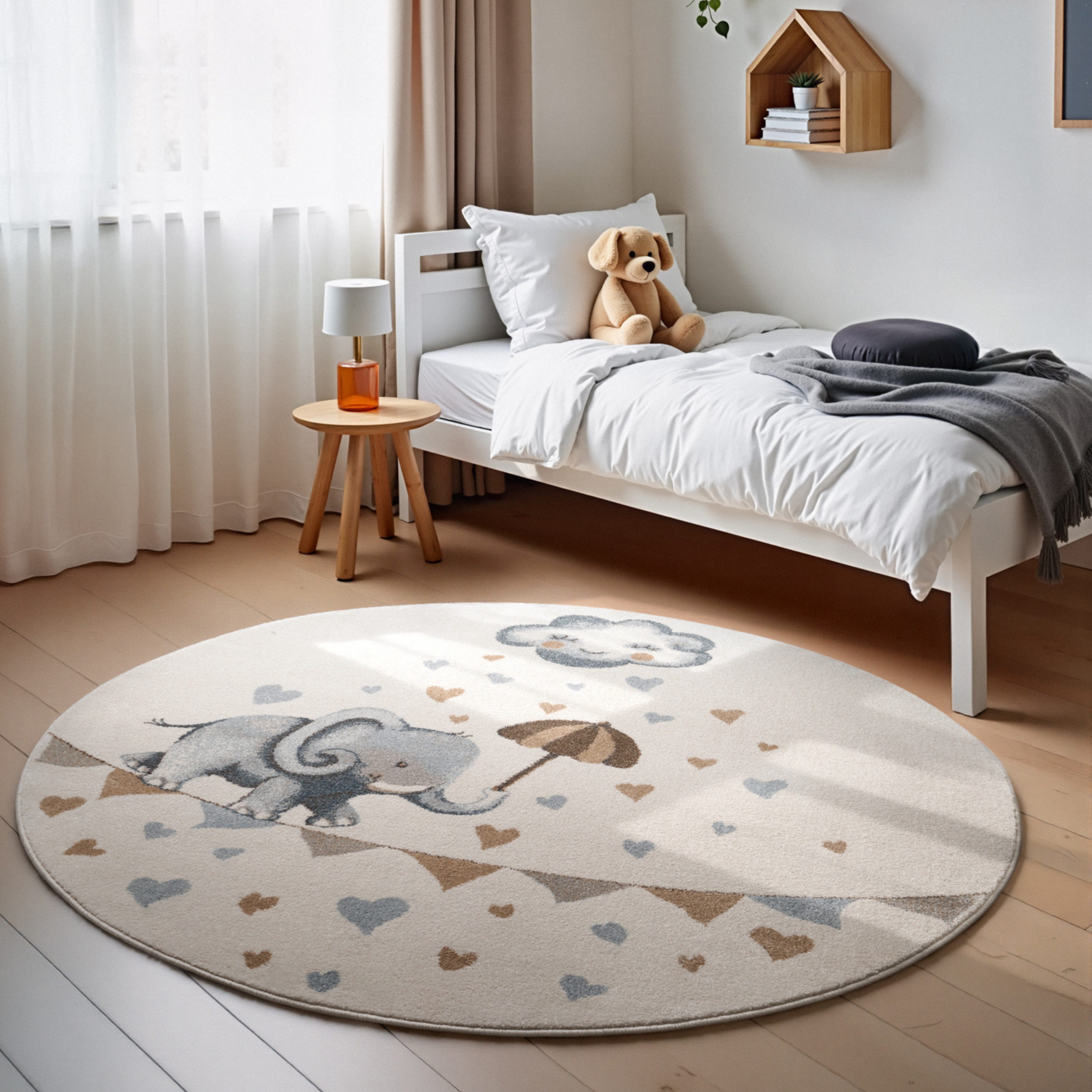 Villeroy & Boch Kinderteppich Walk like an Elephant Rainy, rund, Höhe: 9 mm, Spielteppich weich, Kinderzimmer, Boho Kids Spielunterlage, Tieremotiv