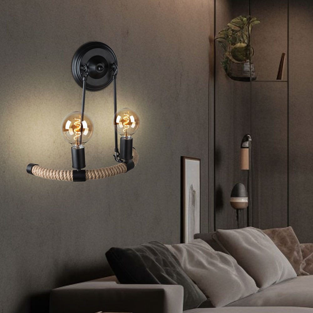 Globo Wandleuchte, Leuchtmittel nicht inklusive, Wandleuchte Wohnzimmerlampe Hanfseil 2x E27 Metall schwarz Wandlampe