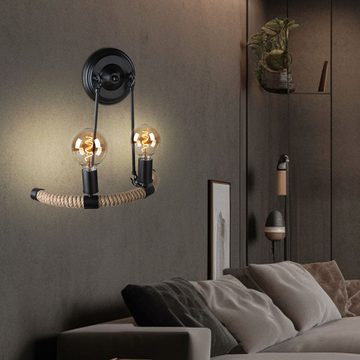 etc-shop Wandleuchte, Leuchtmittel nicht inklusive, Wandleuchte Wohnzimmerlampe Hanfseil 2x E27 Metall schwarz Wandlampe