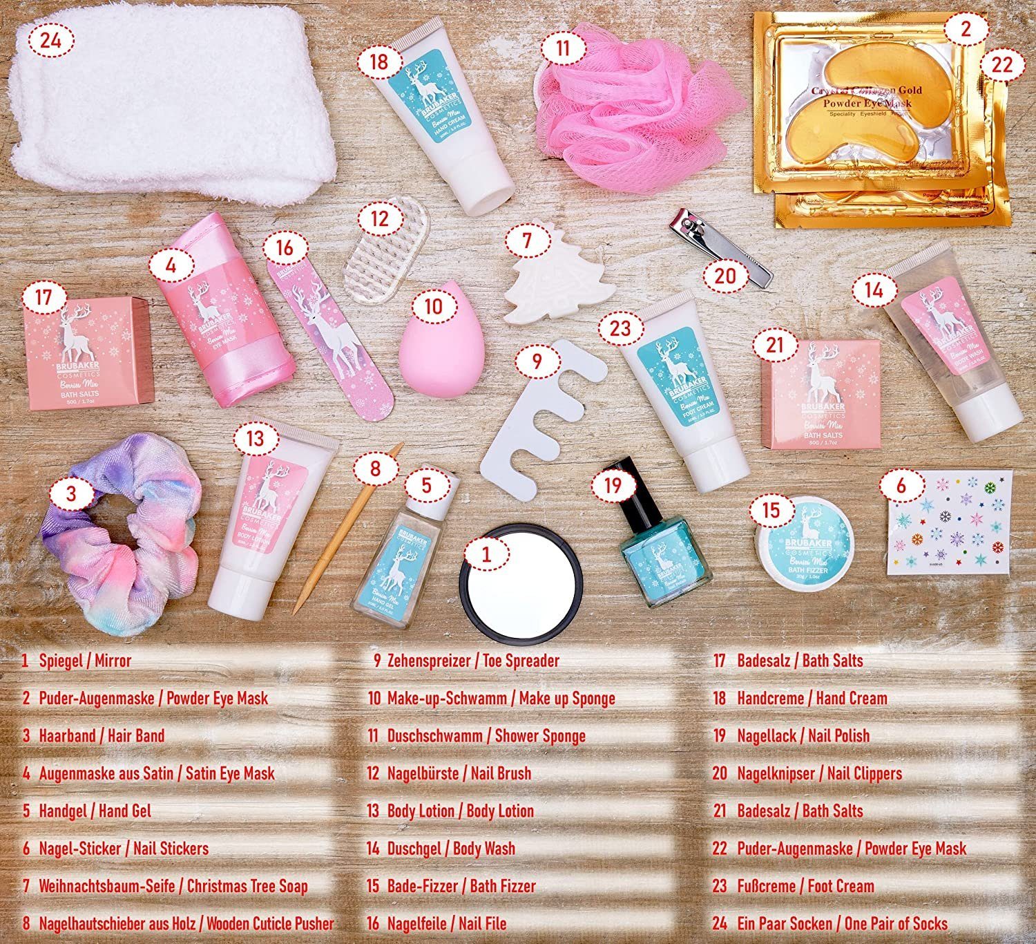 BRUBAKER Adventskalender XXL Beauty Weihnachtskalender - Sterne und Schneeflocken - Rosa (Pflege Produkte & Spa Accessoires, 24-tlg), Wellness Kalender Weihnachten für Frauen und Mädchen