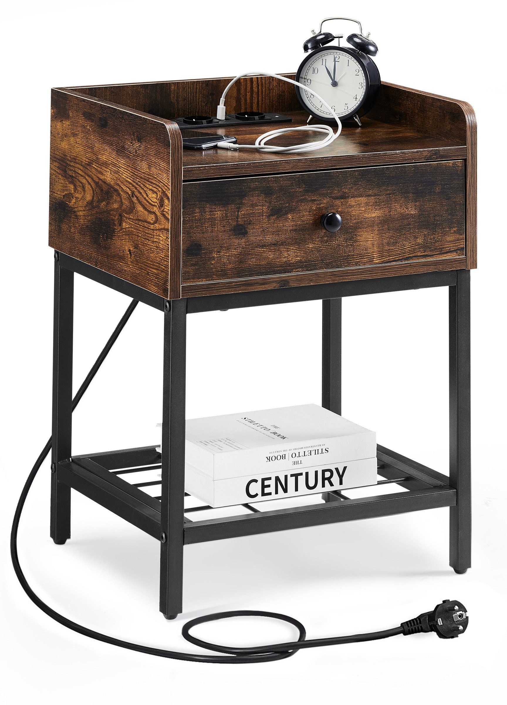 Ofcasa Nachtkommode 40x35x57.5cm Nachttisch mit Ladefunktion (1 St., 1 Nachtkonsole), 2 USB 2 Steckdose,Beistelltisch Holz mit Lagerregal