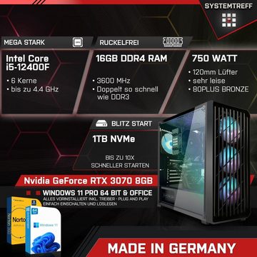 SYSTEMTREFF Gaming-PC-Komplettsystem (24", Intel Core i5 12400F, GeForce RTX 3070, 16 GB RAM, 1000 GB SSD, Windows 11, WLAN)