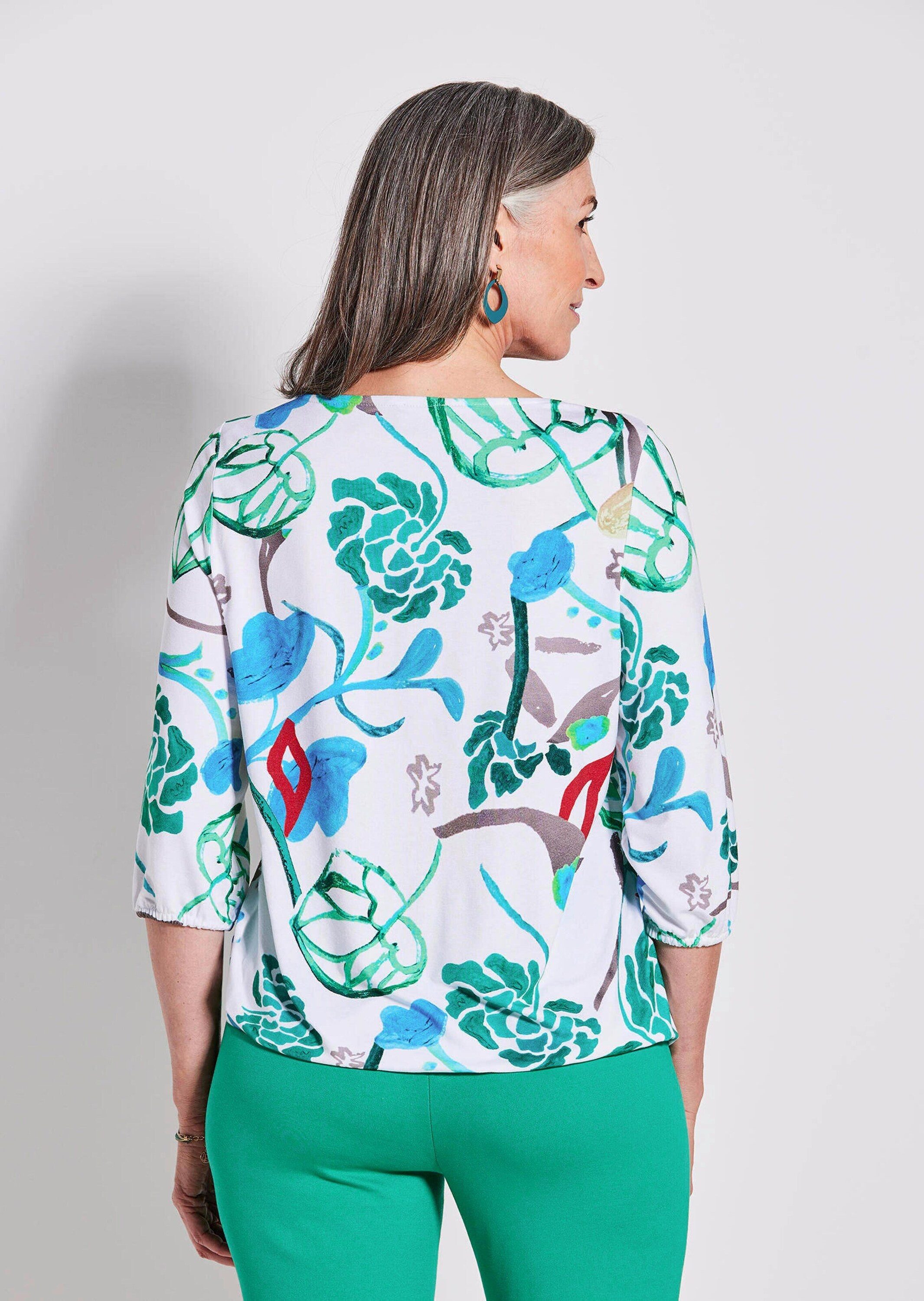 GOLDNER T-Shirt Viskoseshirt mit Allover-Druck Druckshirt mit U-Boot-Ausschnitt, Gummibündchen und 3/4-Arm
