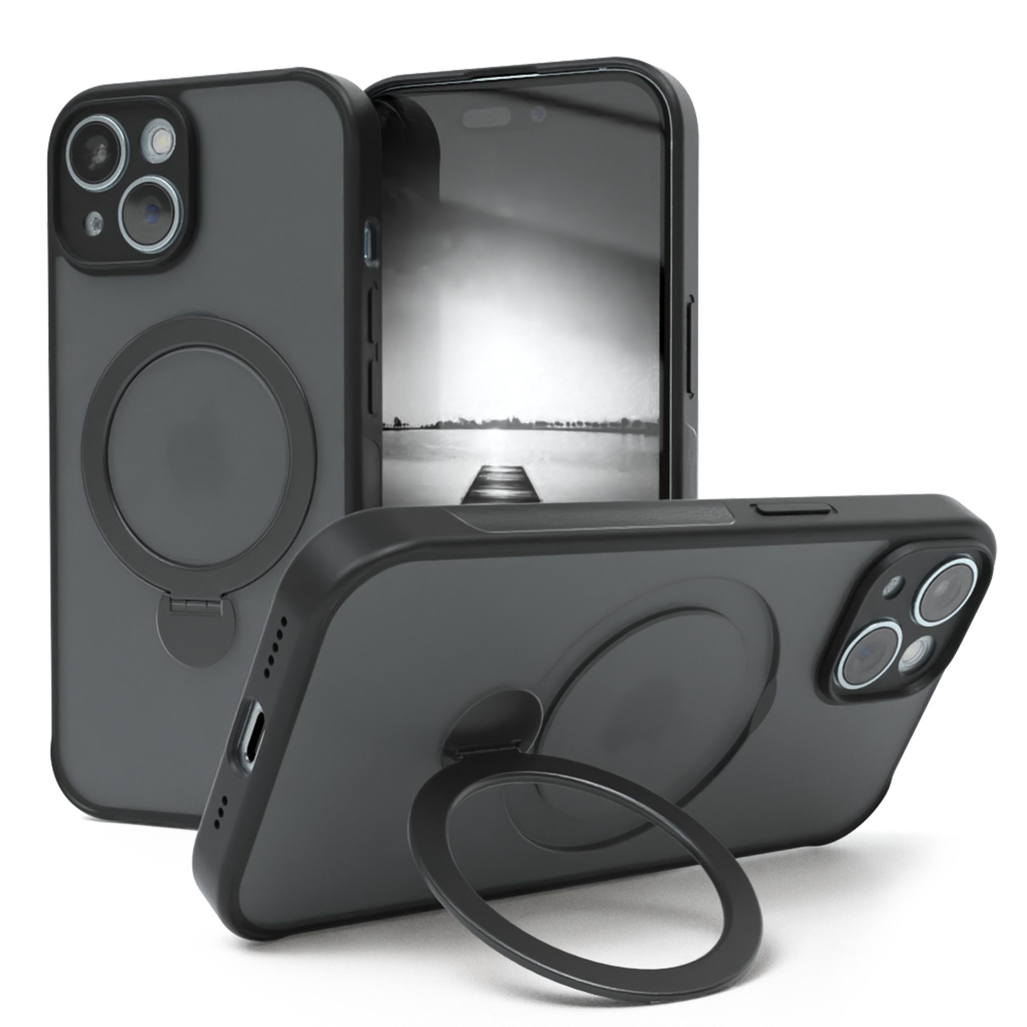EAZY CASE Handyhülle Outdoor iPhone 15 Case MagSafe Rotation Ring 6,1 Zoll, Outdoor Handy Hülle Bumper Schutzhülle Slim mit Kameraschutz Schwarz