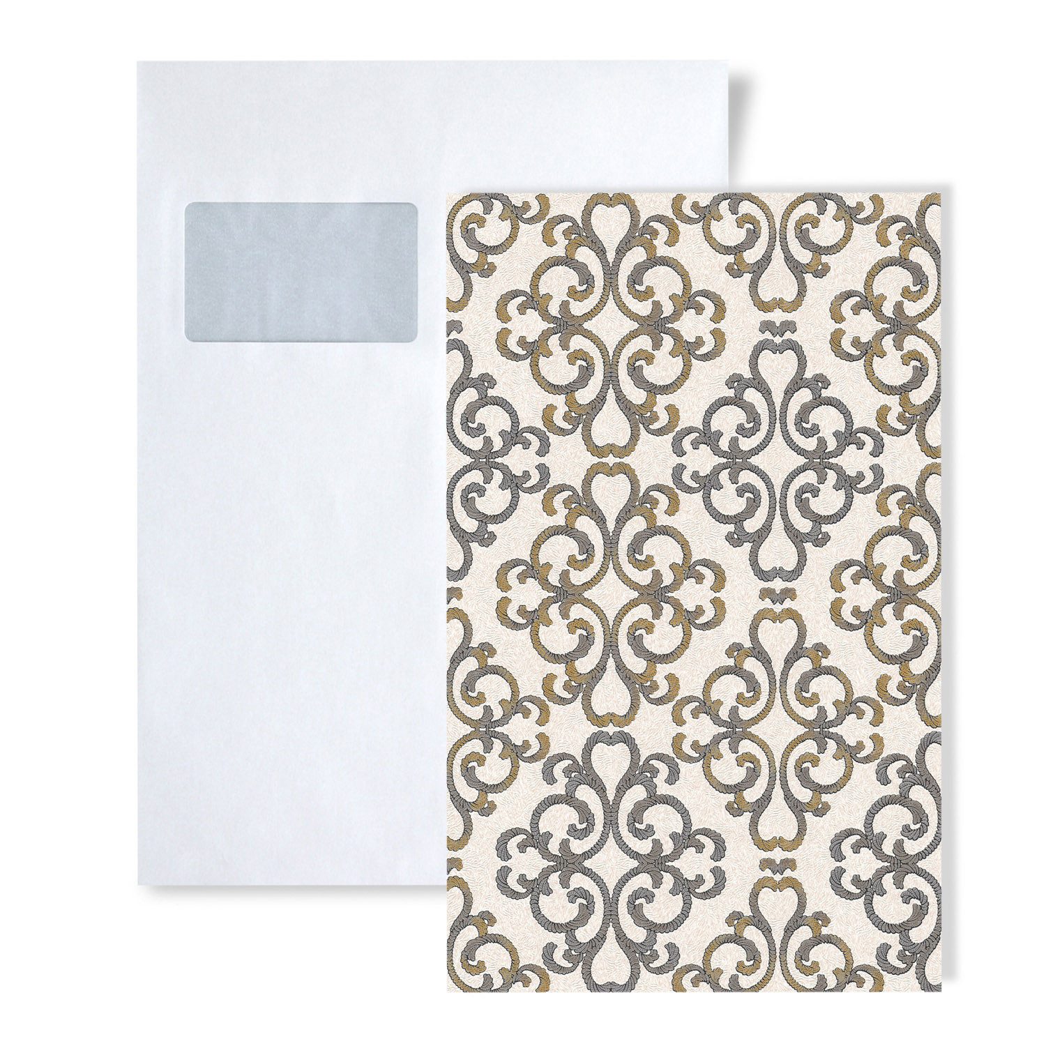 Edem Papiertapete 1 MUSTERSTÜCK S-85037BR33 DIN A4 MUSTER der Barock Tapete, glänzend, ornamental, Strukturmuster, Barock-Style, (1 Musterblatt, ca. A5-A4), creme, hell-elfenbein, platin-grau, gold-gelb
