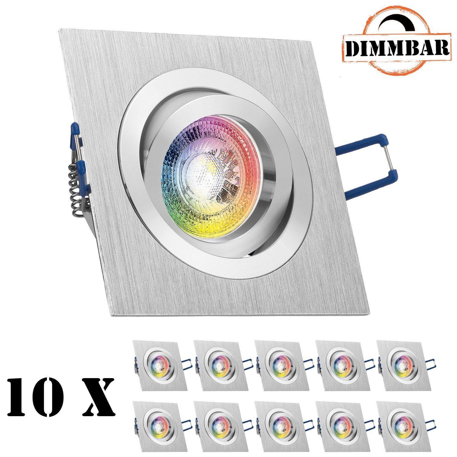 LEDANDO LED Einbaustrahler 10er RGB LED Einbaustrahler Set GU10 in aluminium gebürstet mit 3W LED