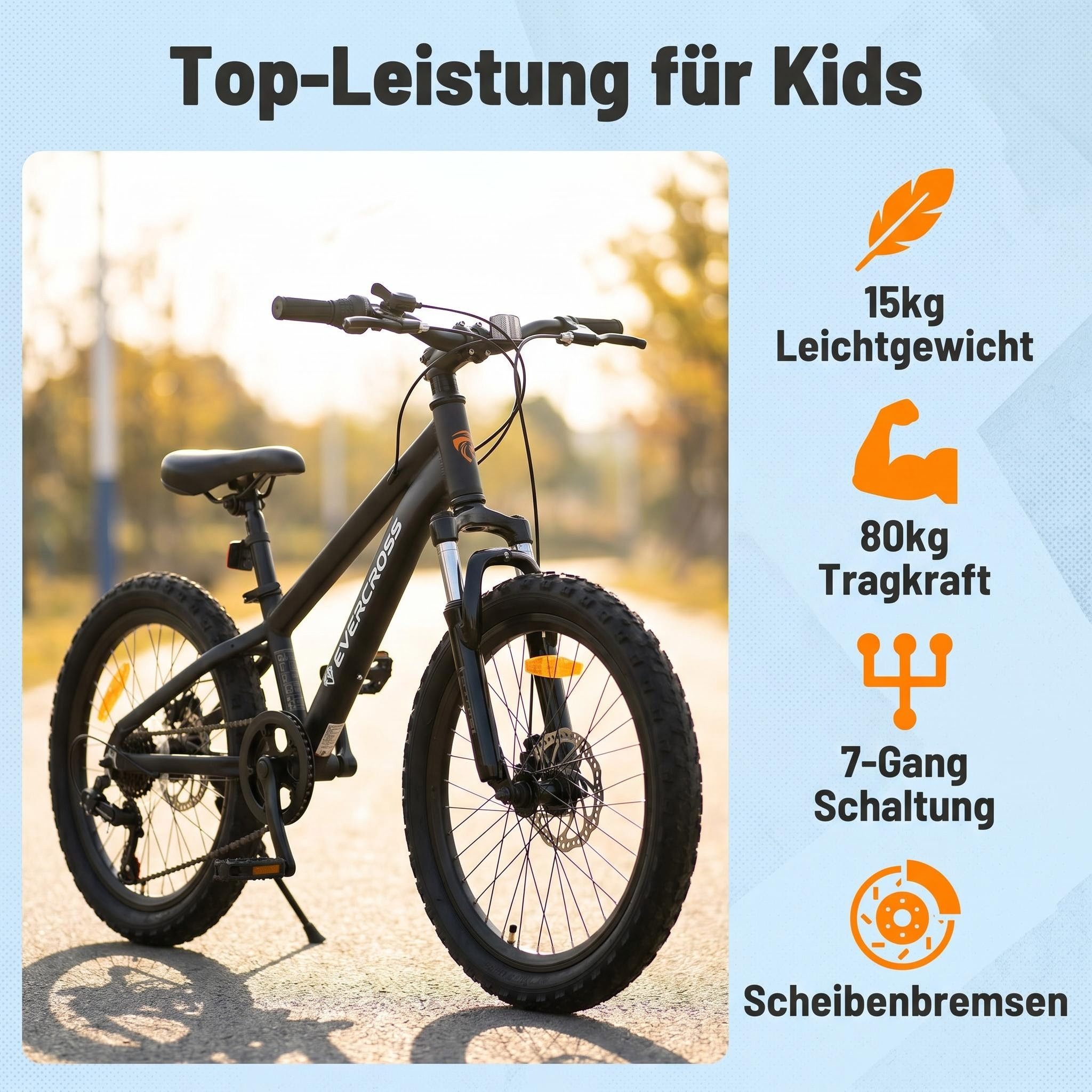 EVERCROSS TECH Kinderfahrrad EM5 20 Zoll MTB Kid, Shimano 7 Gang,Aluminiumrahmen, 7 Gang, Federgabel, Geländetauglich für Kinder ab 6 Jahren