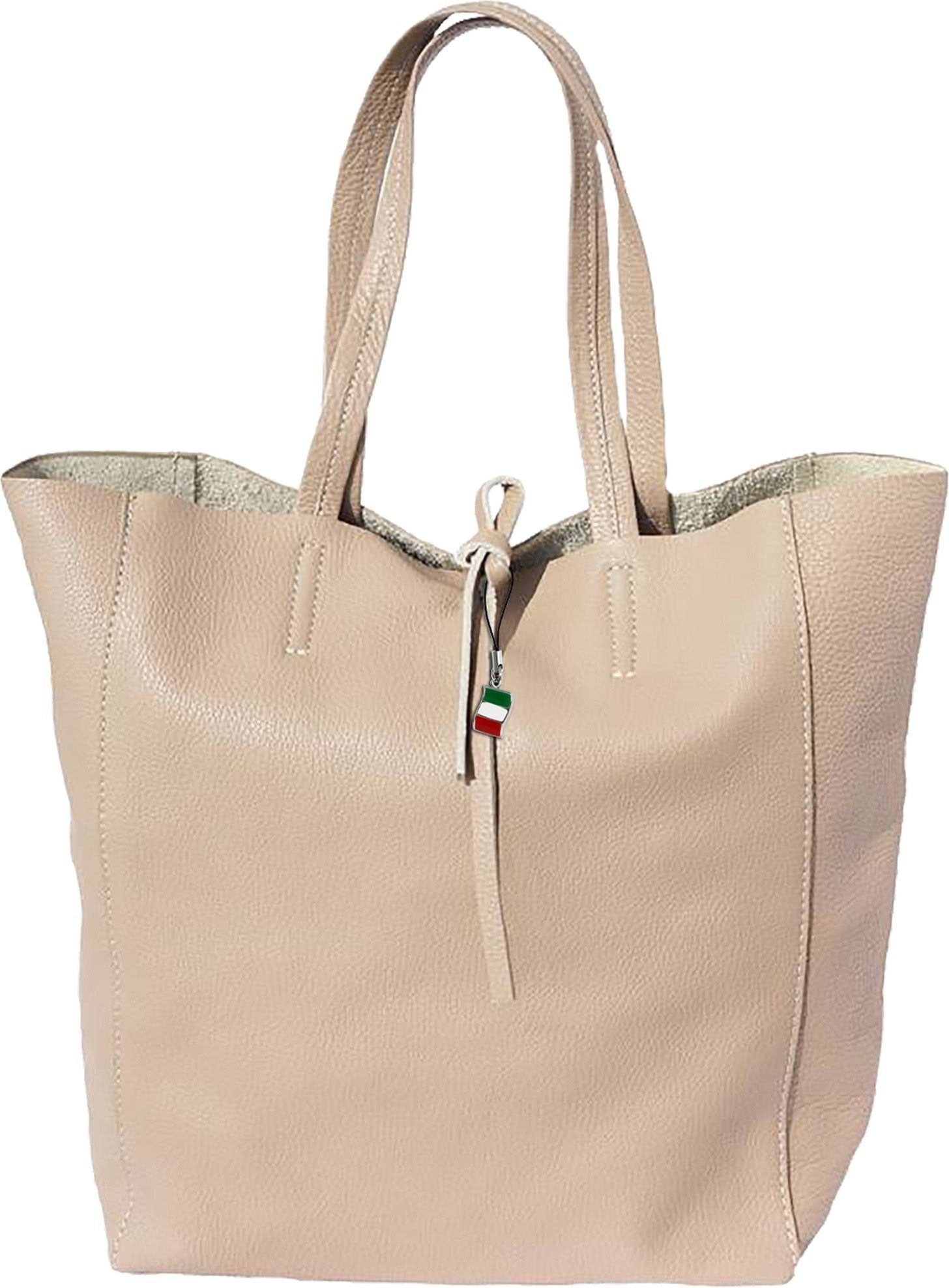 FLORENCE Schultertasche Florence ital. Echtleder Shopper beige (Shopper), Damen Leder Shopper, Schultertasche, braun, beige ca. 30cm