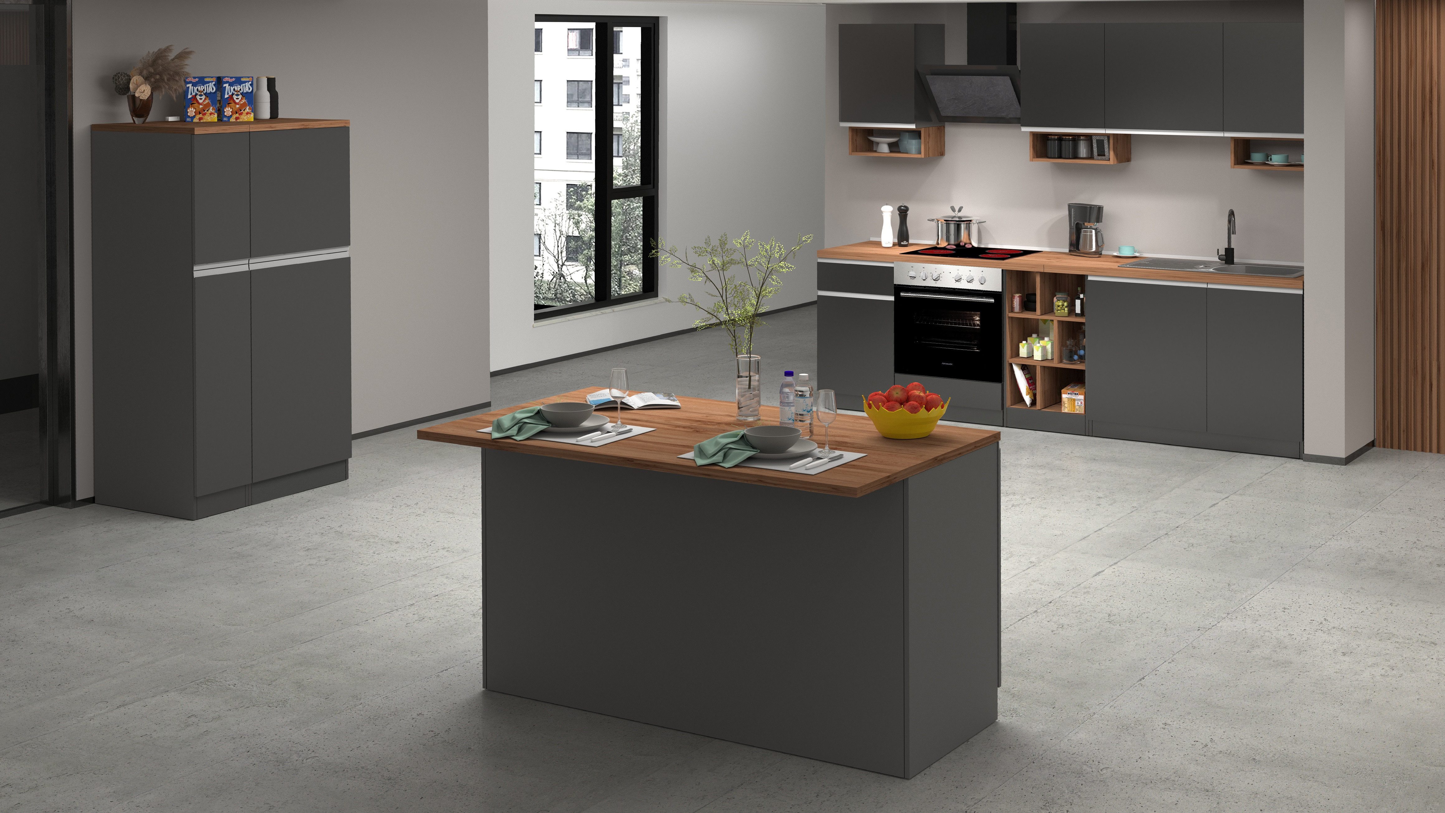 Îlot de cuisine KS-Sole, bloc de cuisson, plan de travail, largeur 155 cm, avec meuble de rangement coulissant et portes à fermeture amortie