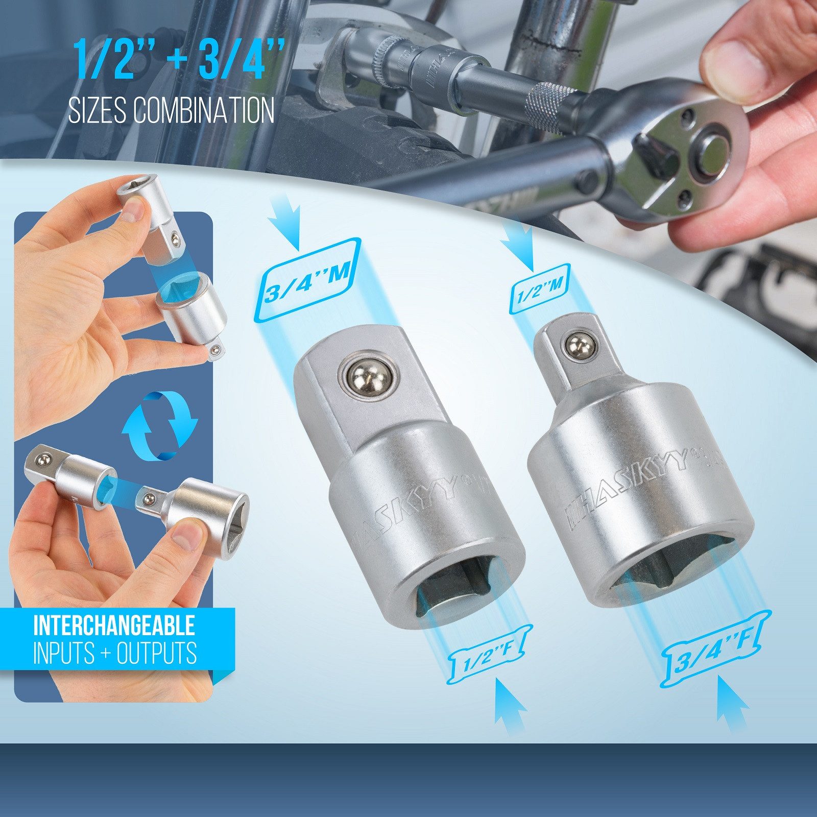 HASKYY Bit- und Steckschlüsselset Stecknuss Adapter Set 7tlg. Reduzierstück 1/4" 3/8" 1/2" 3/4" & Bit – Bild 5 von 5