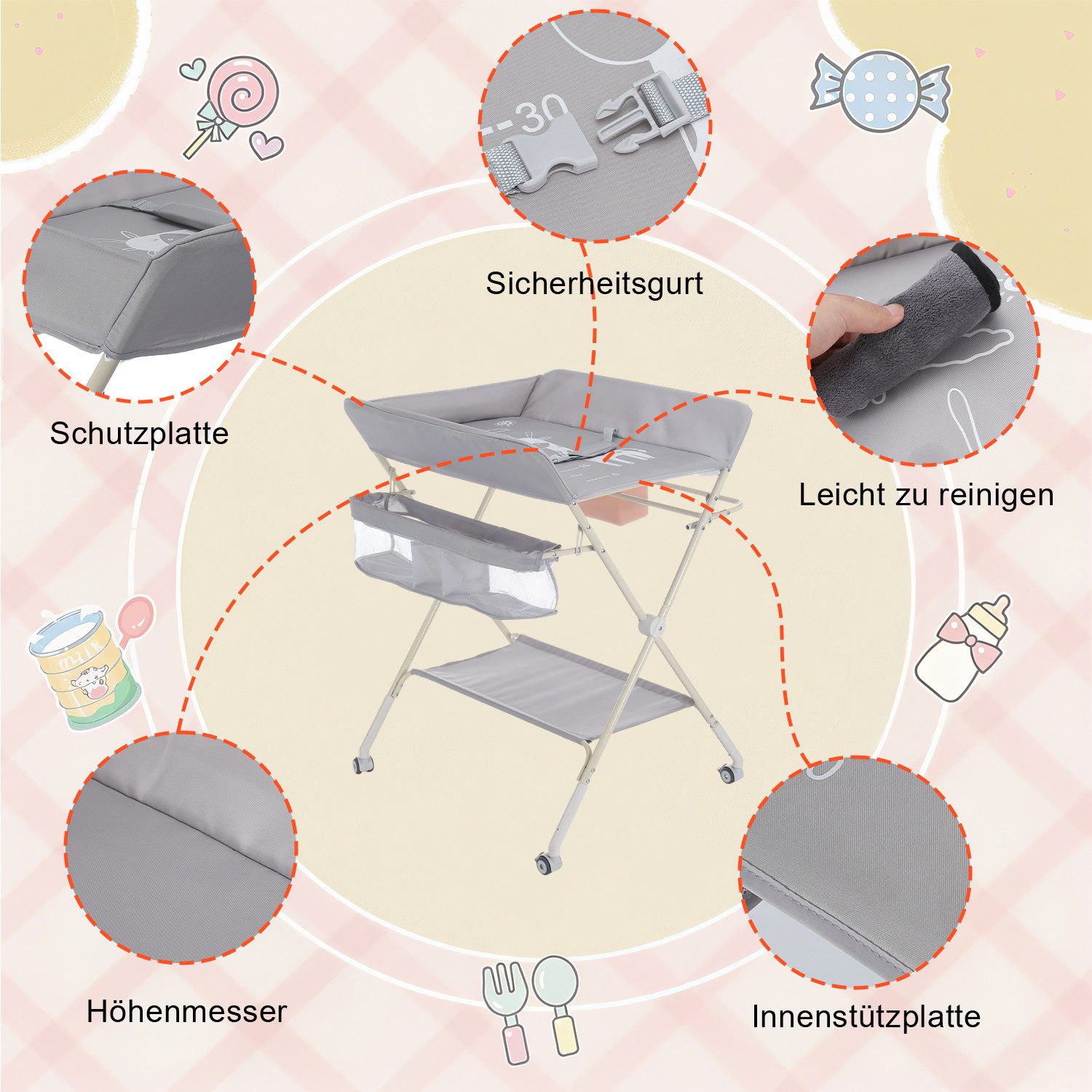 oyajia changing table changing mat Mulde chest of drawers changing compartment Baby child (mobile, with wrap attachment, made of metal Oxford fabric), height adjustable, waterproof, storage compartment, With brake