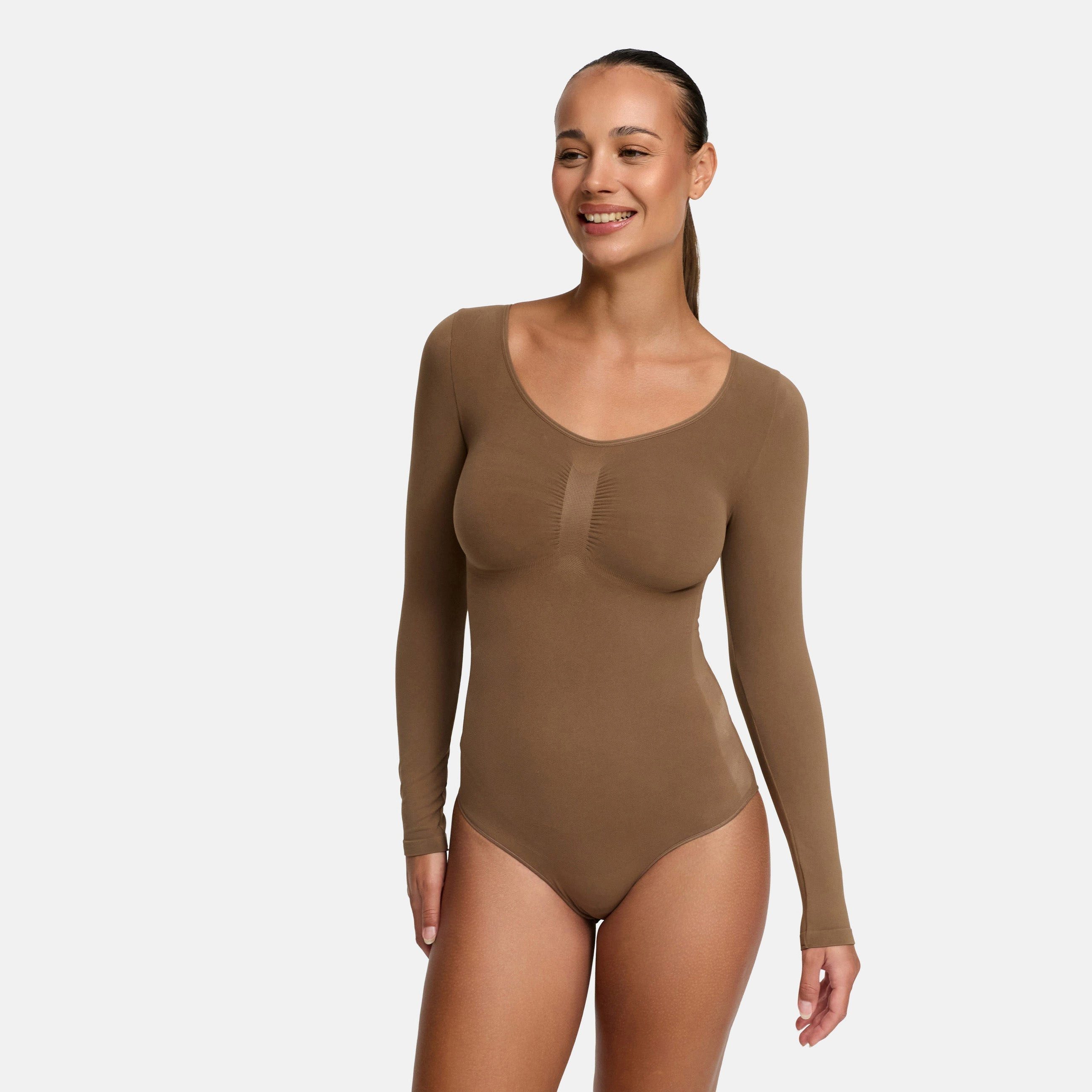 Creamy Fabrics Miederbody Bodysuit Sculpting Shapewear Longsleeve mit String-Caramel-2XL (1-tlg) Figurformend