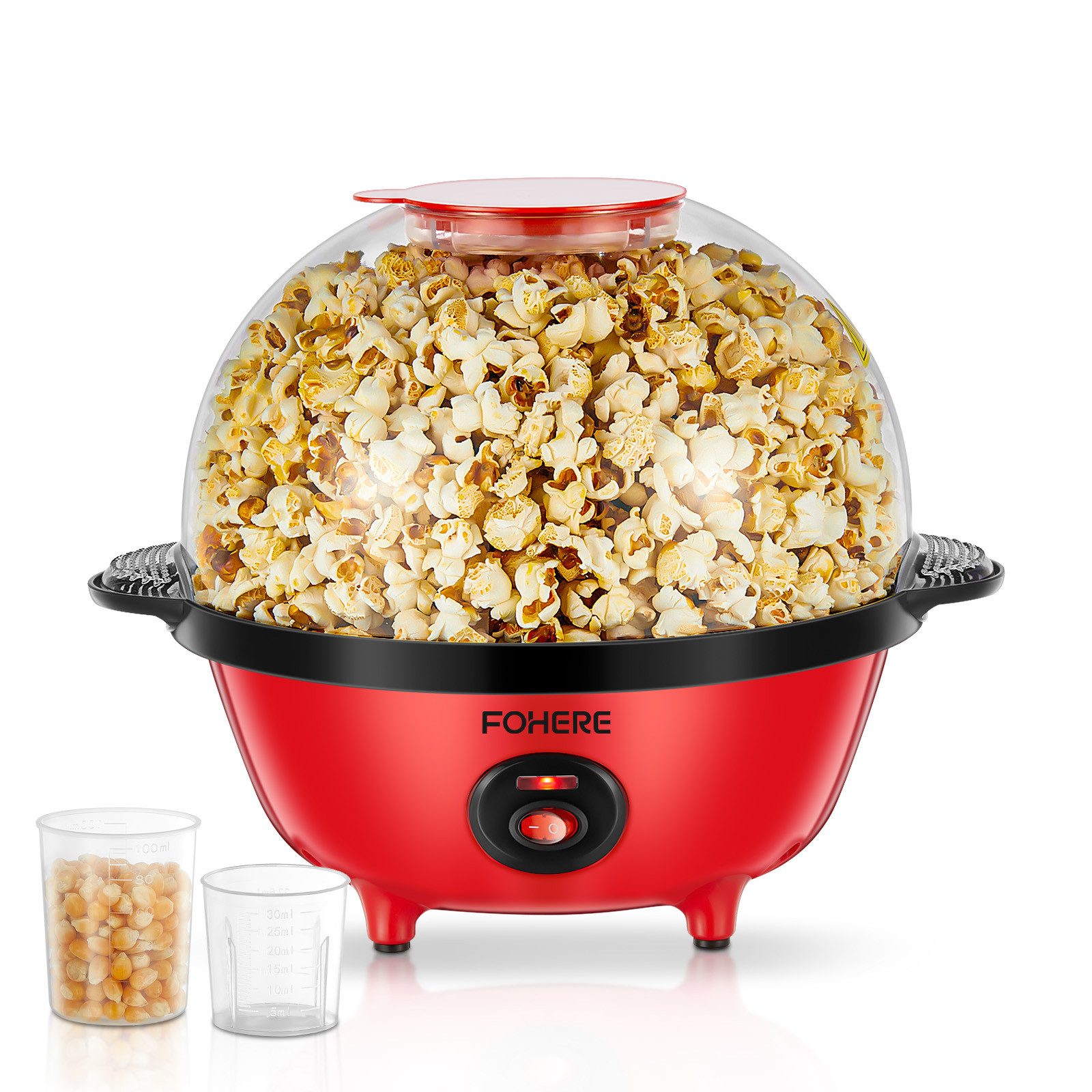 FOHERE Popcornmaschine 4.5L 700W Popcornmaschine mit 2 Messbecher, für Zucker und Öl, Automatisches Rühren