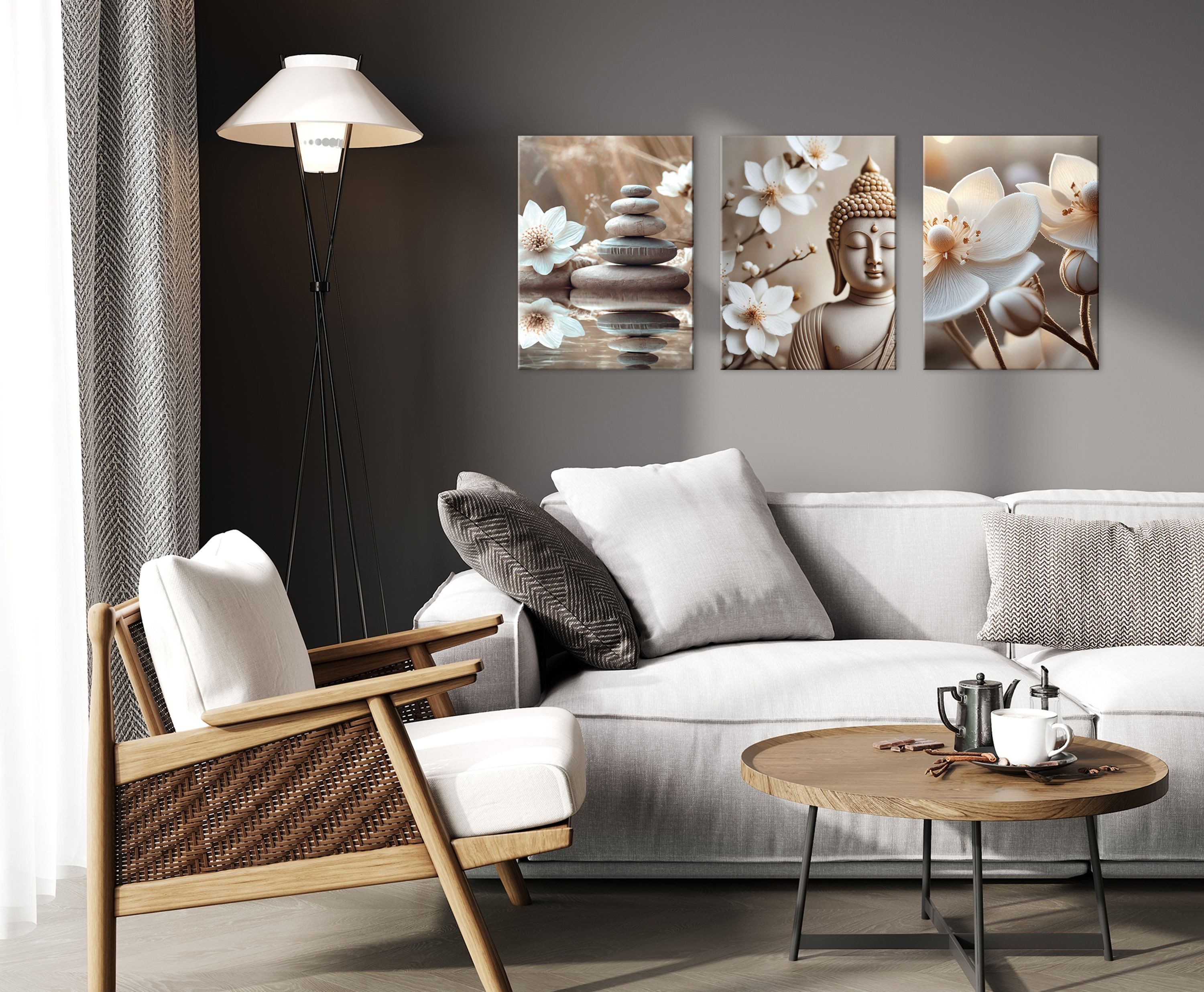 artissimo Mehrteilige Bilder Bilderset 3er-Set, Wandbilder-Set natur, Bilderwand Bilder beige weiß, Zen & Spa: Buddha
