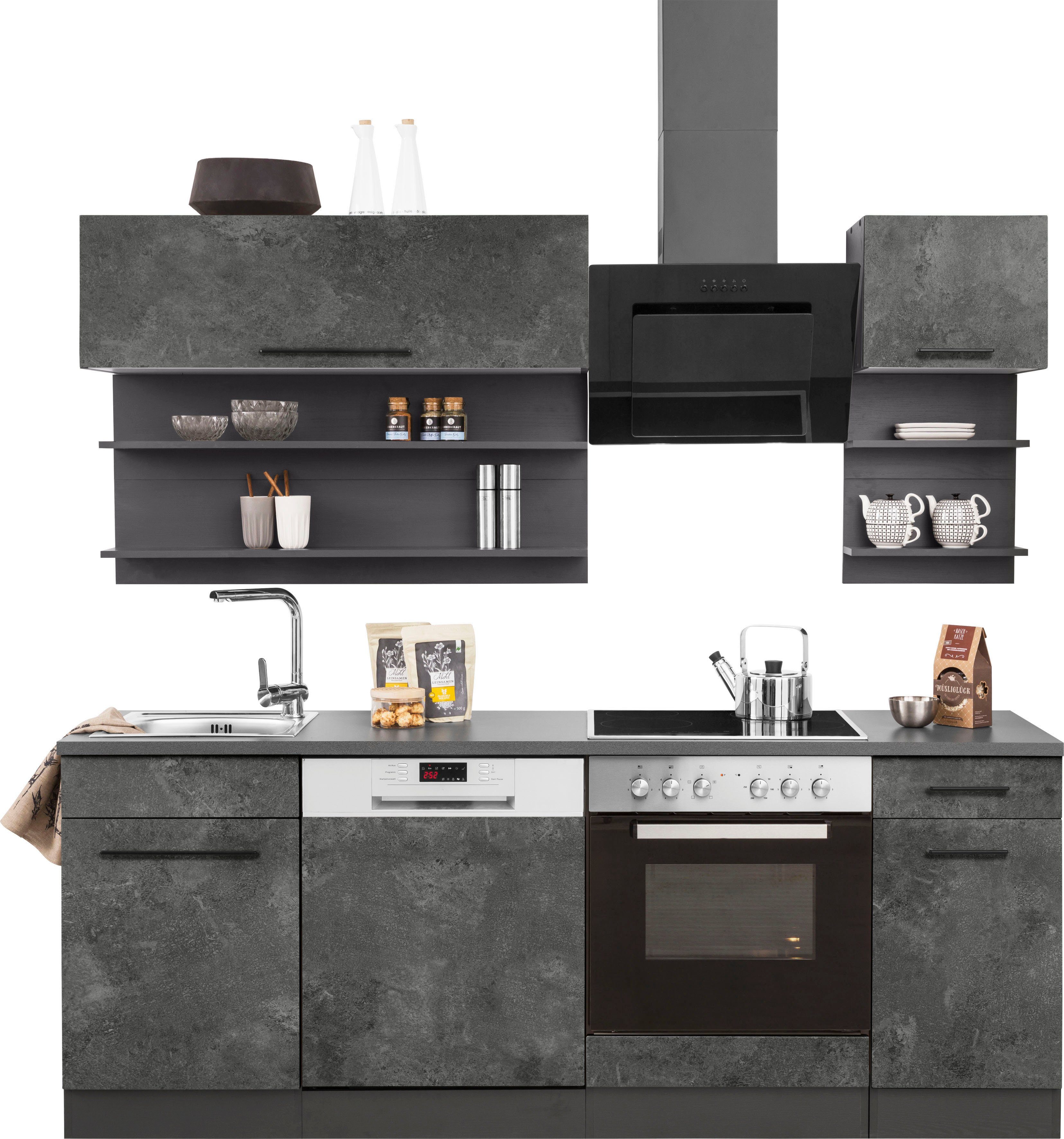KOCHSTATION Küchenzeile KS-Tulsa, ohne E-Geräte, Breite 210 cm, schwarze Metallgriffe, MDF Fronten