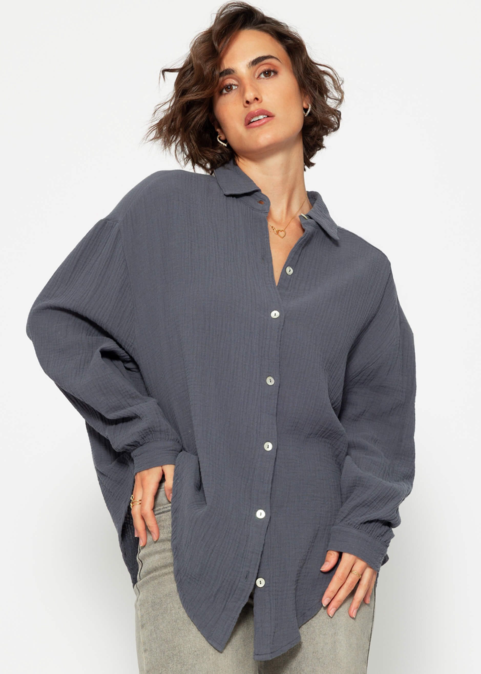 Longbluse Oversize Musselin Bluse Damen kurz Langarm Elegant
