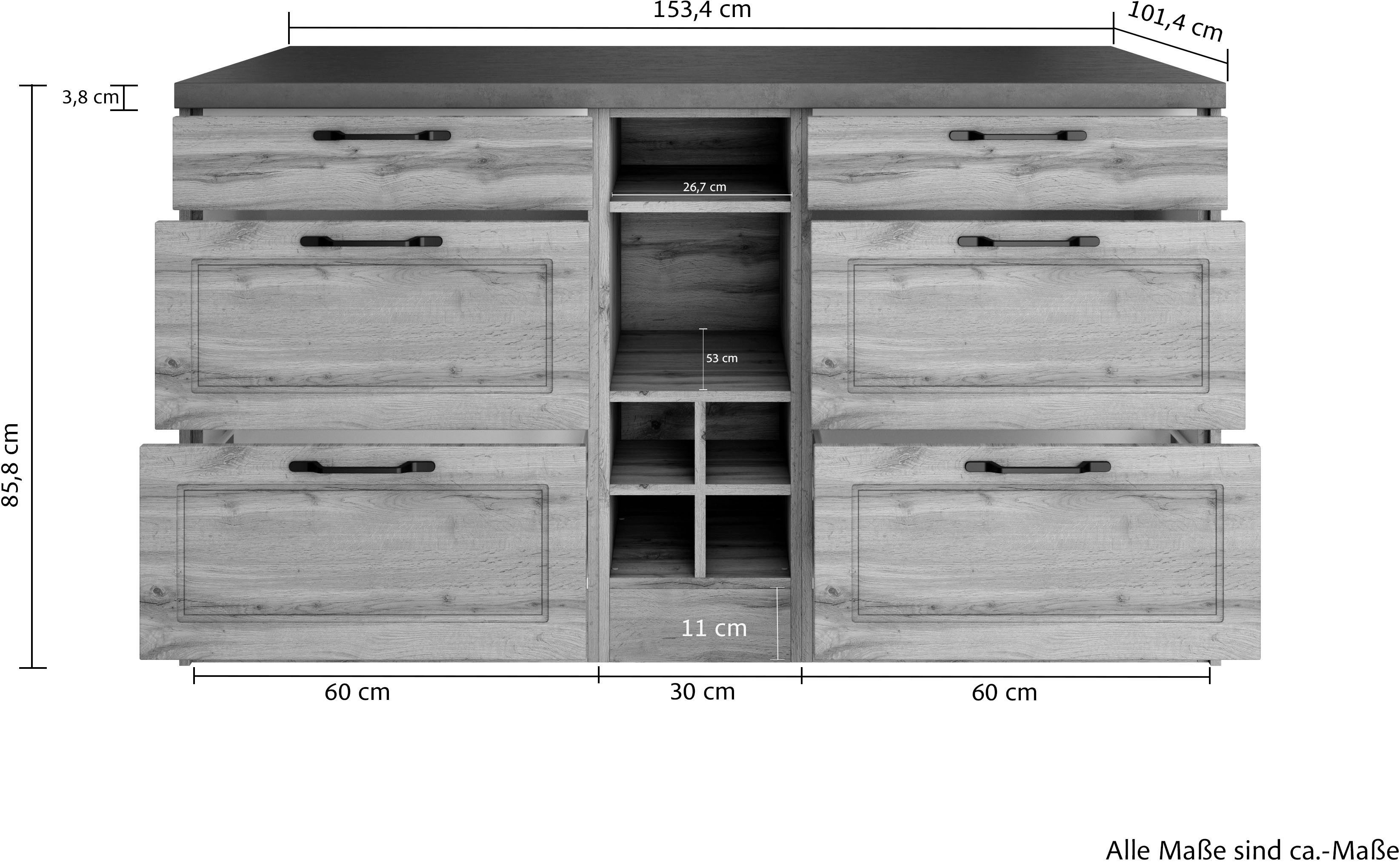 KOCHSTATION Kücheninsel KS-Lani, Breite 153 cm, mit Flaschenregal, MDF-Fronten, Arbeitsplatte 38mm stark