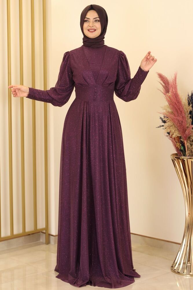 aus Abendkleid Modest Damen Modavitrini Hijab Fashion Abiye Violett Abaya Kleid Tüllstoff Tüllkleid silbrigem