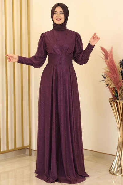 Modavitrini Tüllkleid Damen Abendkleid Abiye Abaya Hijab Kleid Modest Fashion aus silbrigem Tüllstoff