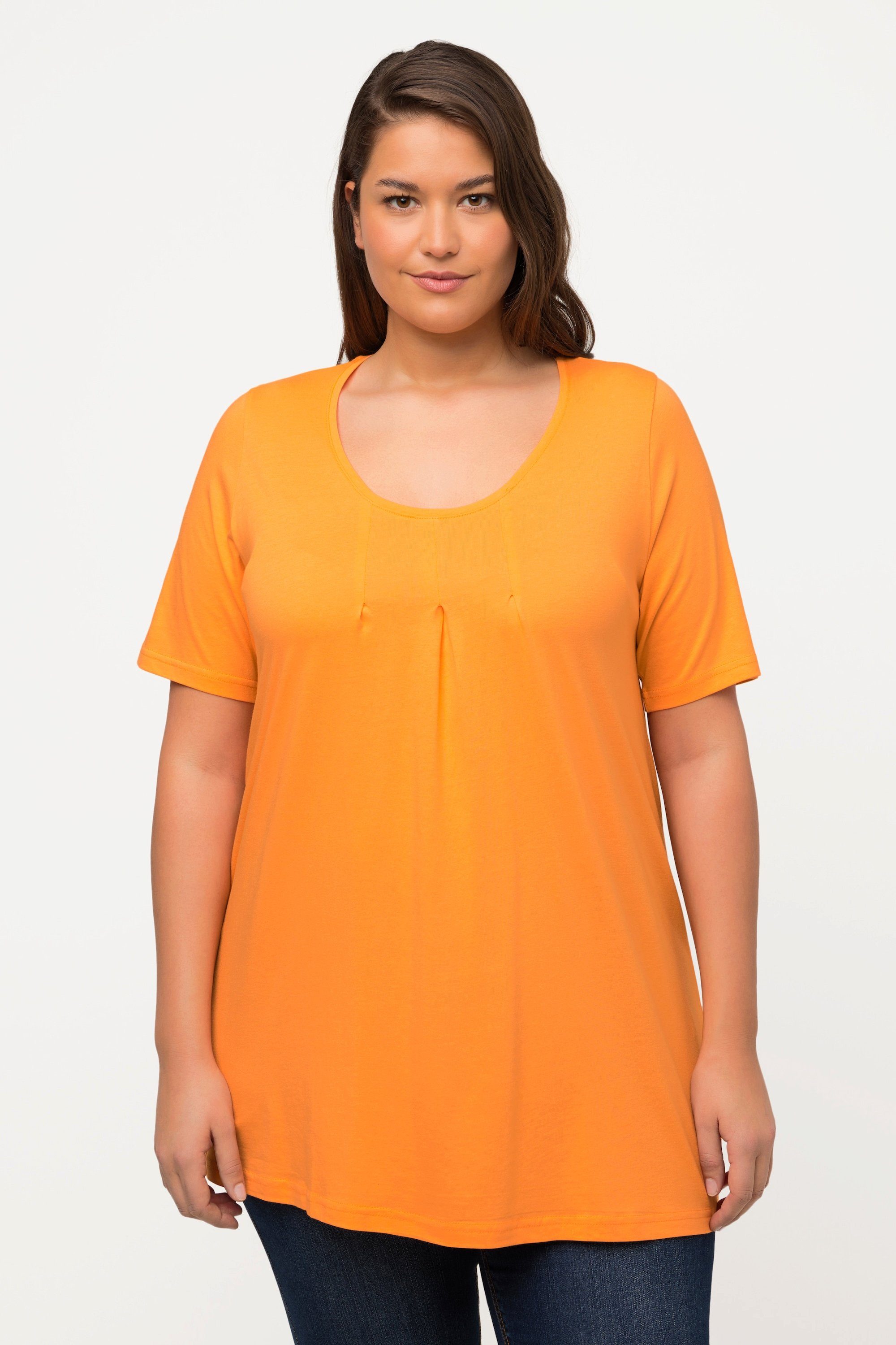 Ulla Popken Rundhalsshirt T-Shirt Zierfalten A-Linie Rundhals Halbarm Modal cantaloupe orange
