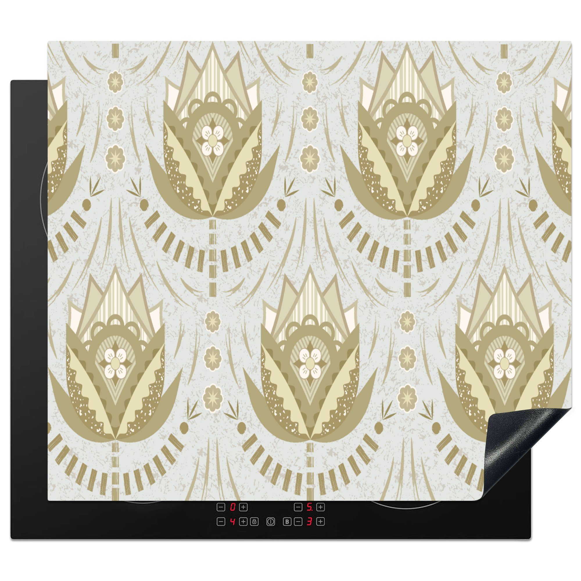 MuchoWow Herdblende-/Abdeckplatte Blumen - Gold - Muster, Vinyl, (1 tlg), 59x52 cm, Ceranfeldabdeckung für die küche, Induktionsmatte
