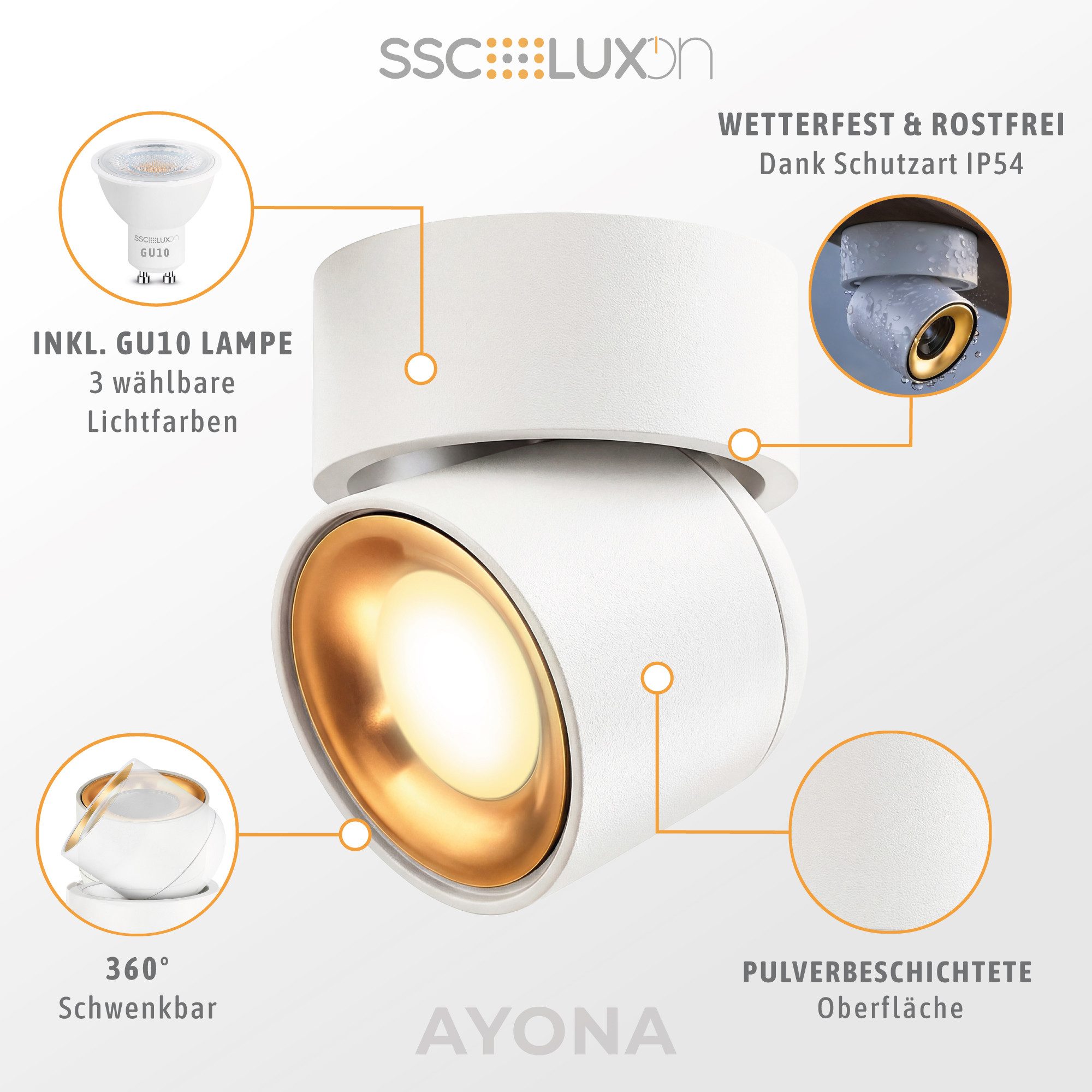 SSC-LUXon LED Außen-Deckenleuchte Deckenspot AYONA schwenkbar IP54 mit LED GU10 dimmbar 6W 3 Lichtmodi, Neutralweiß, Warmweiß, Tageslichtweiß