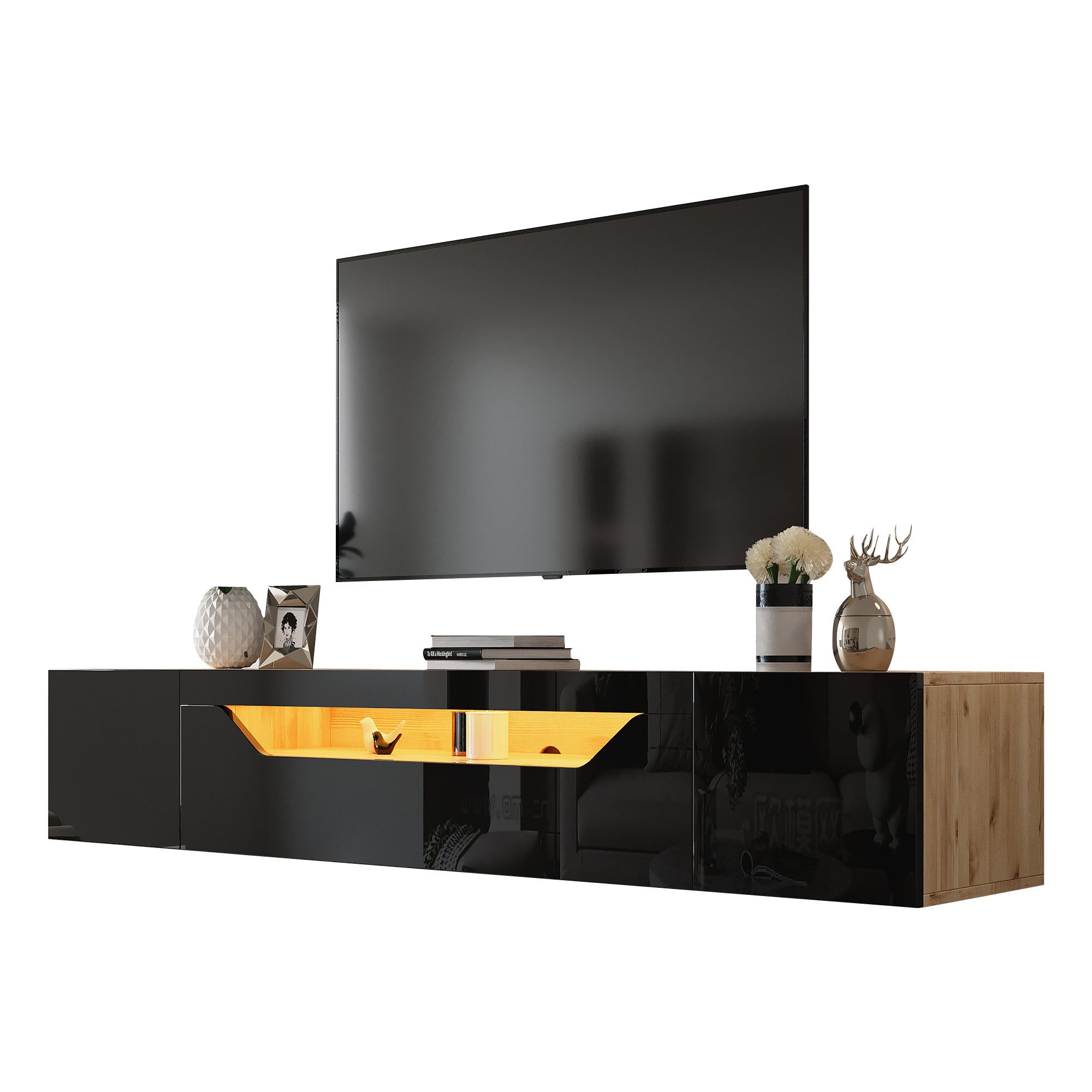 Merax TV-Schrank mit Hochglanzfront in Schwarz & Holzoptik (1-St., 180*37*36cm) Fernsehschrank mit LED, 3 Staufächer & Klapptür,Hängeboard TV-Lowboard