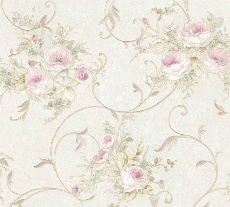 A.S. Création Vliestapete Romantico romantisch floral, floral, Ornament Tapete Blumen Rosa Grün Creme