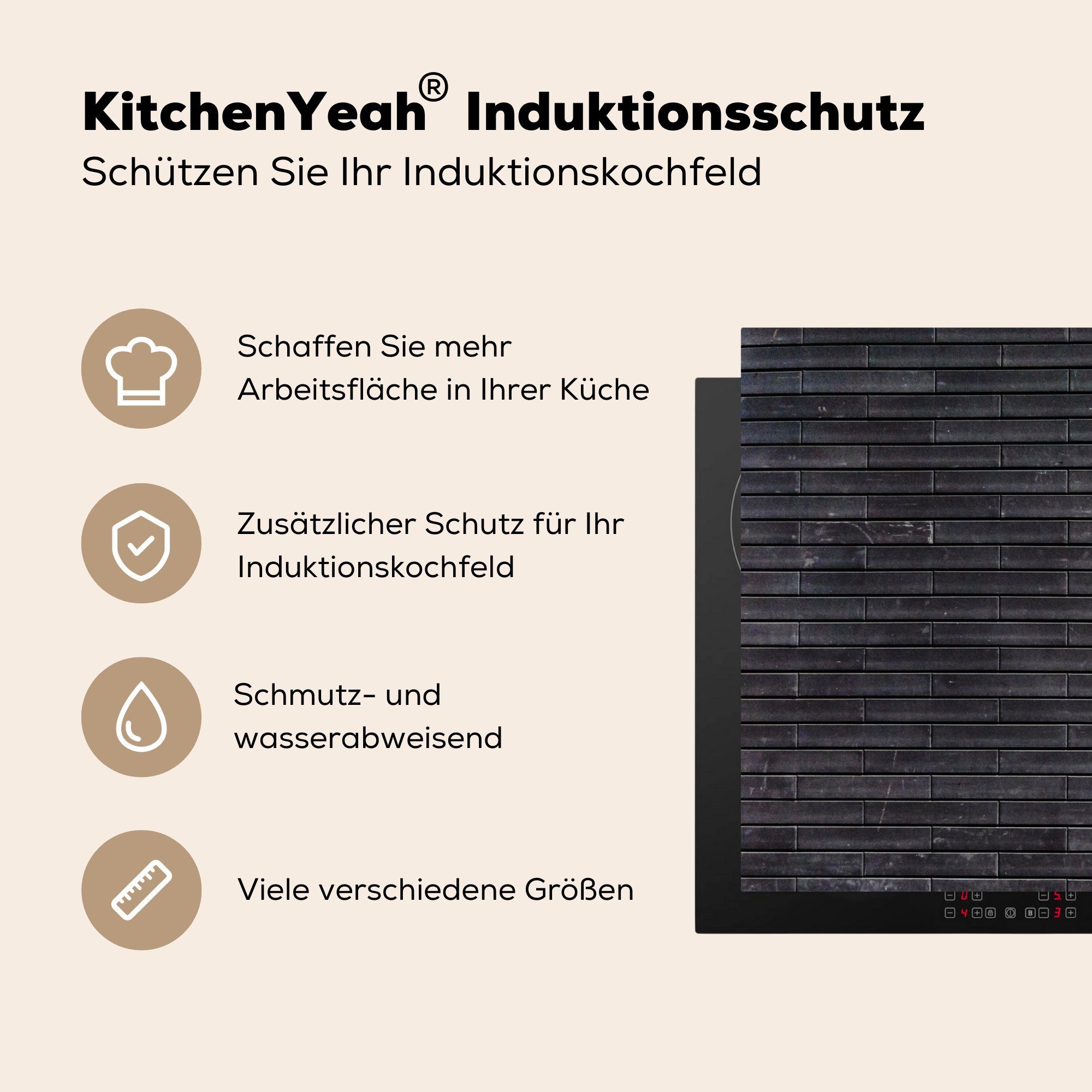 MuchoWow - Vinyl, Backstein - Schwarz Herdblende-/Abdeckplatte Arbeitsplatte Ceranfeldabdeckung, 83x51 Wand, tlg), für cm, küche (1