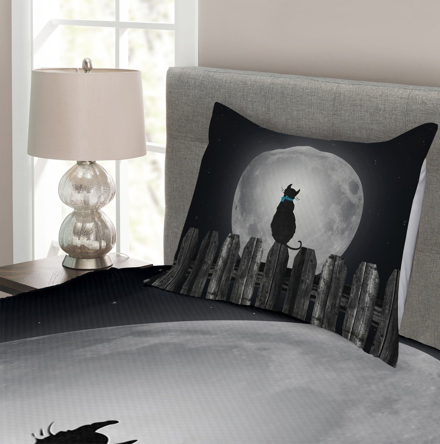 Tagesdecke Set Mit auf Mond den Waschbar, mit Kissenbezügen Blick Mond Katze Abakuhaus